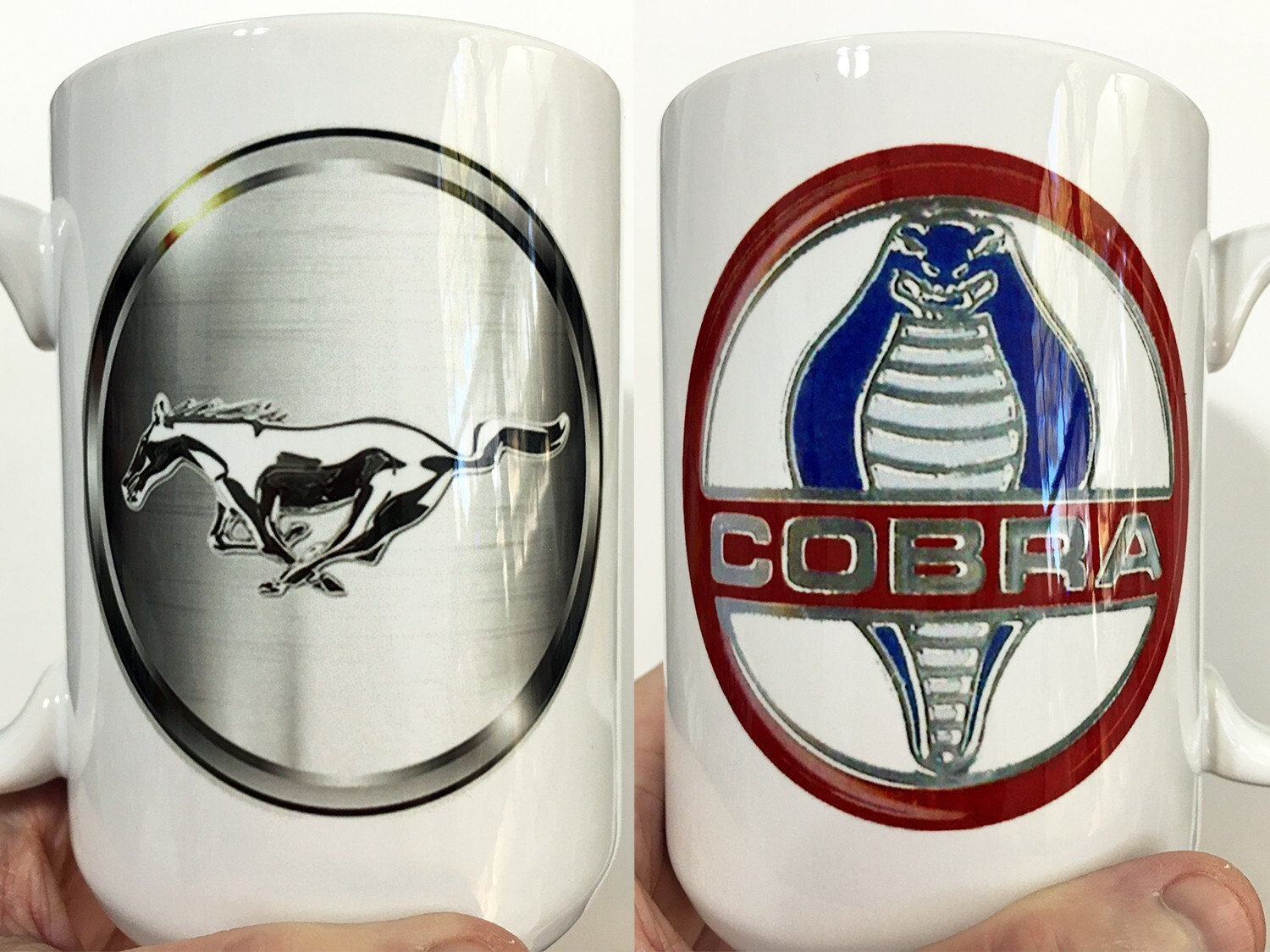 Large Custom Vintage 1965-73 Ford Mustang Chrome Shelby Cobra Emblem Coffee Mug