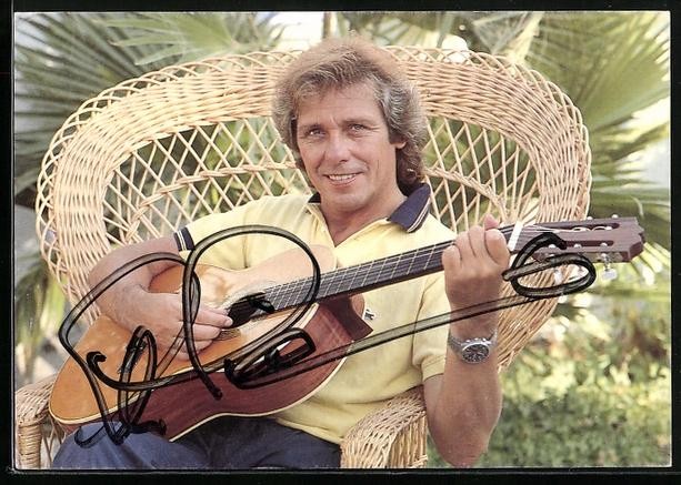 Postcard Musician Erik Silvester with Guitar in Braided Chair, Autograph 