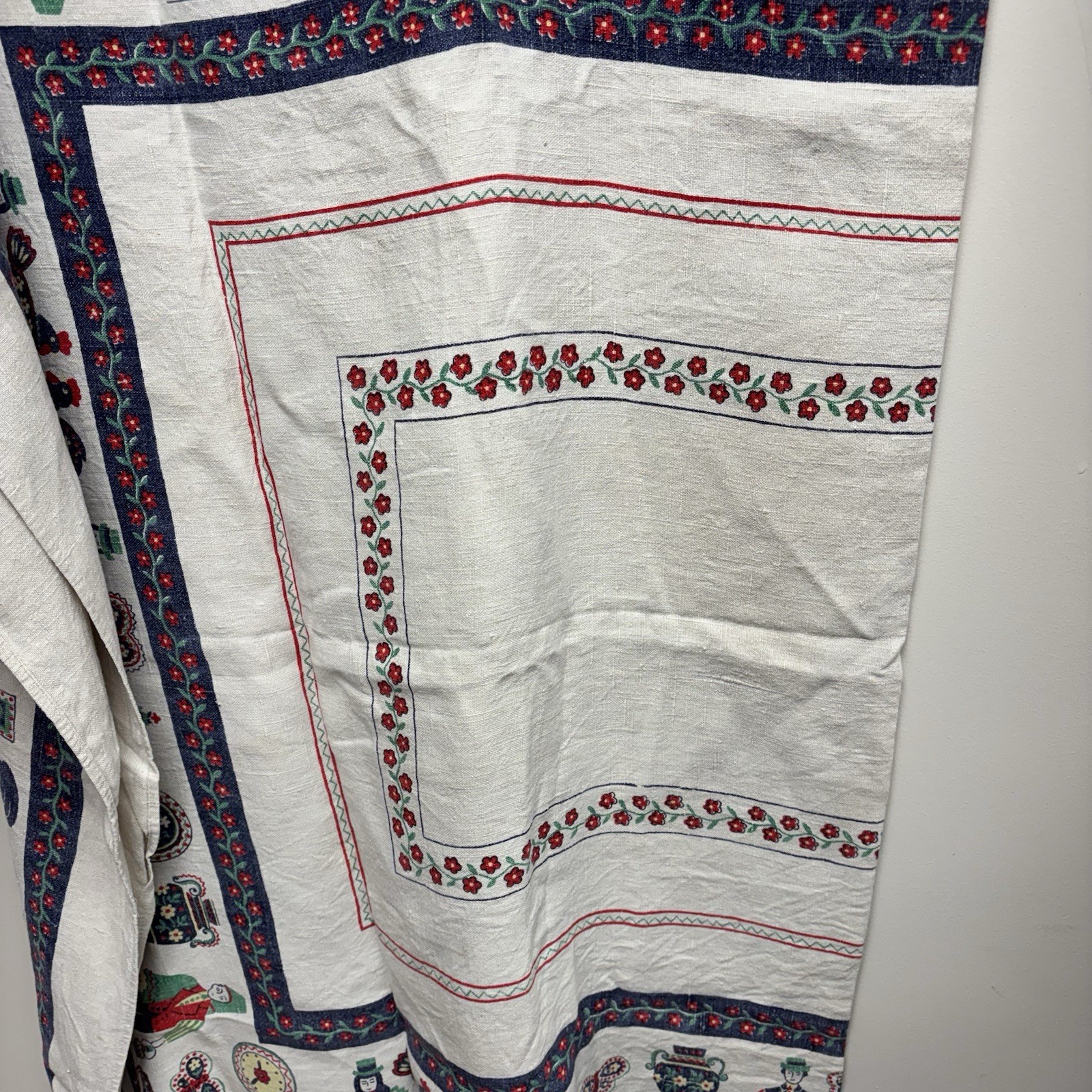 Vintage 1950s 60s Parisian Prints Belgian Linen Folk Art Floral Tablecloth MCM