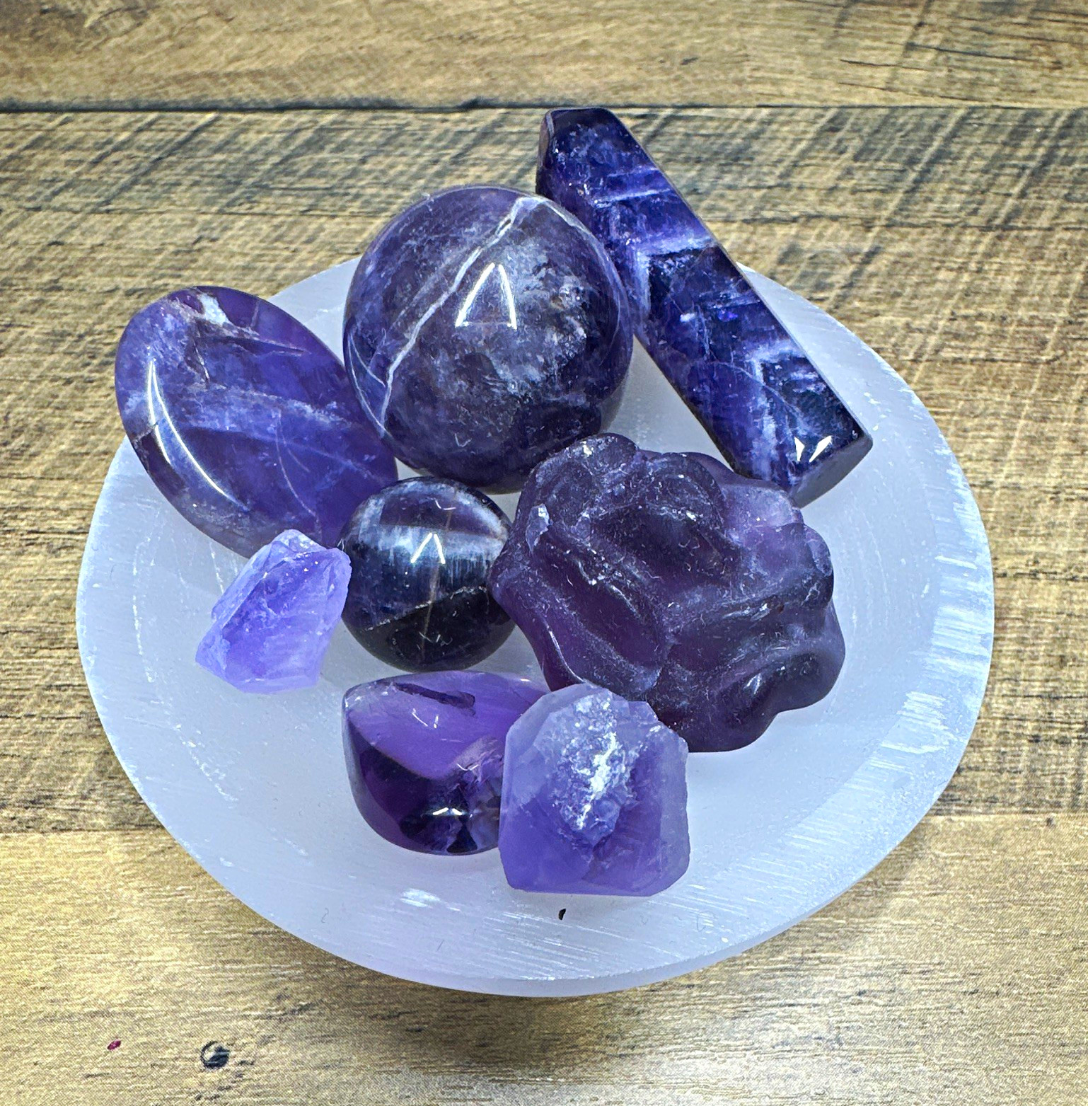 💜 Amethyst & Purple Fluorite Crystal Bundle with Selenite Bowl – 9 Piece Set 💜