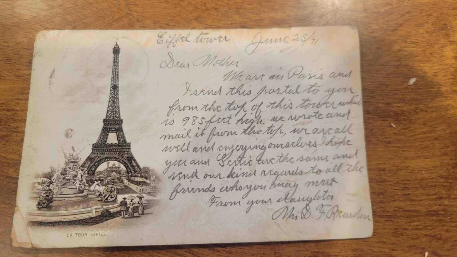 Vintage Paris Eiffel Tower Postcard France La Tour Eiffel Posted 1891 to Boston