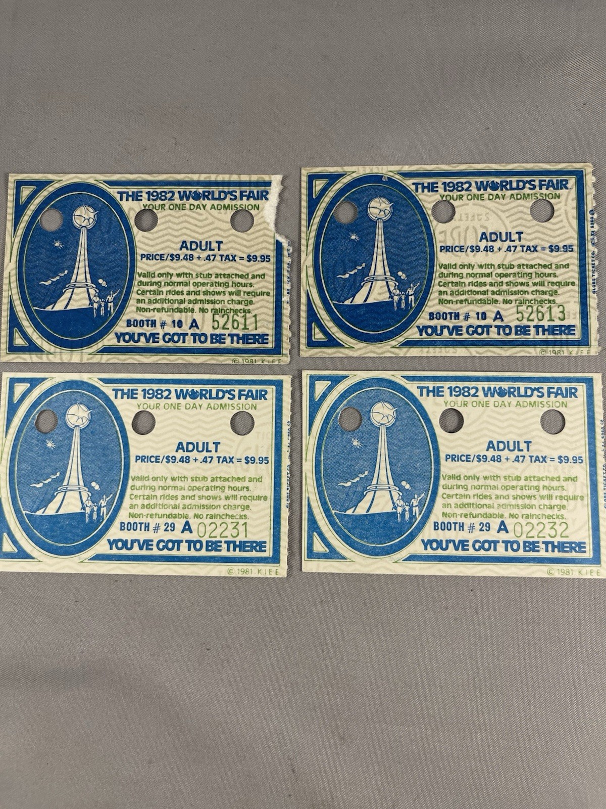 (4) Vintage 1982 World's Fair Ticket Stubs Knoxville Tennessee