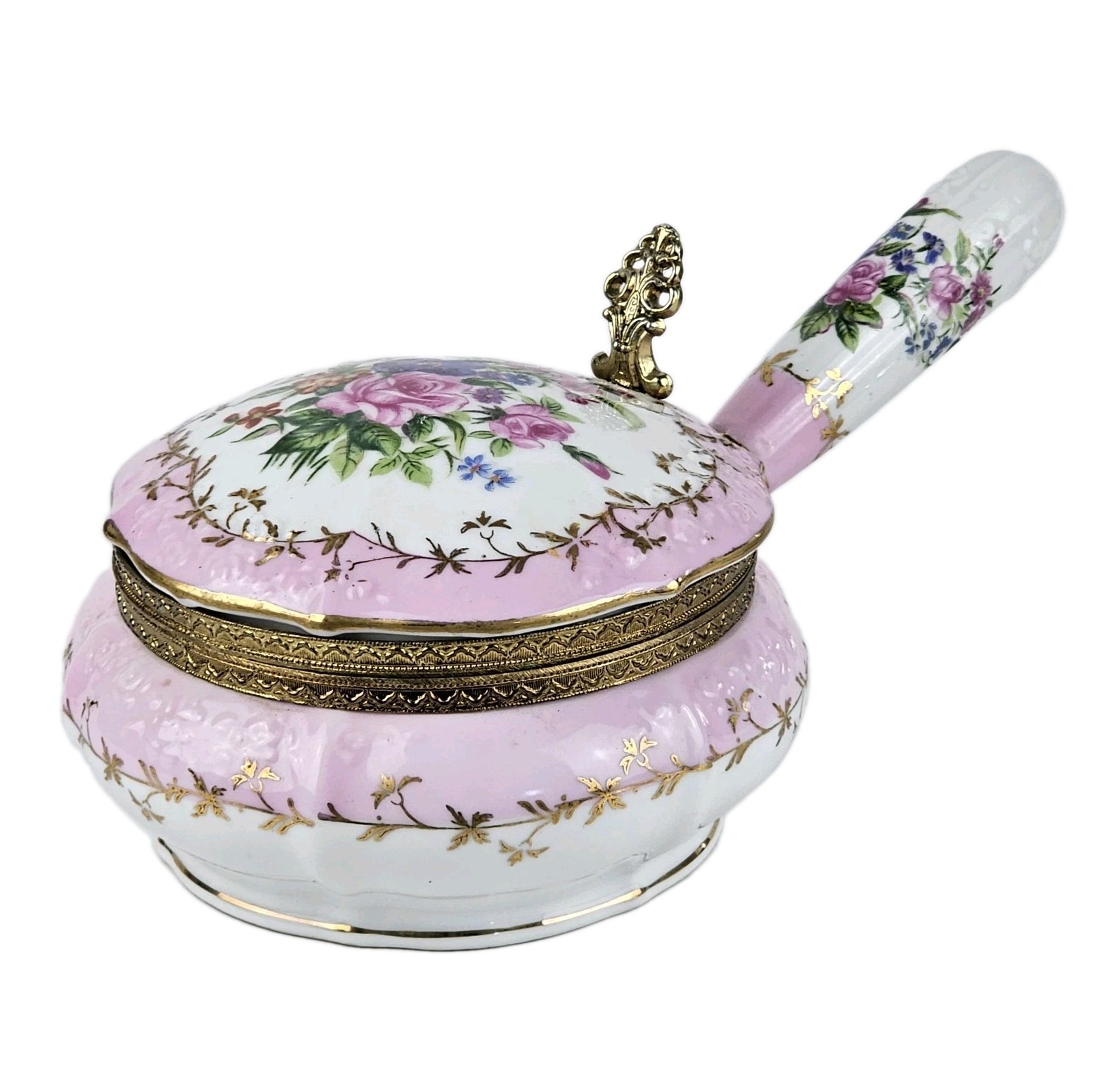 Vintage Porcelain Crum Catcher Pink Floral With Gold Trim Trinket Box Handled