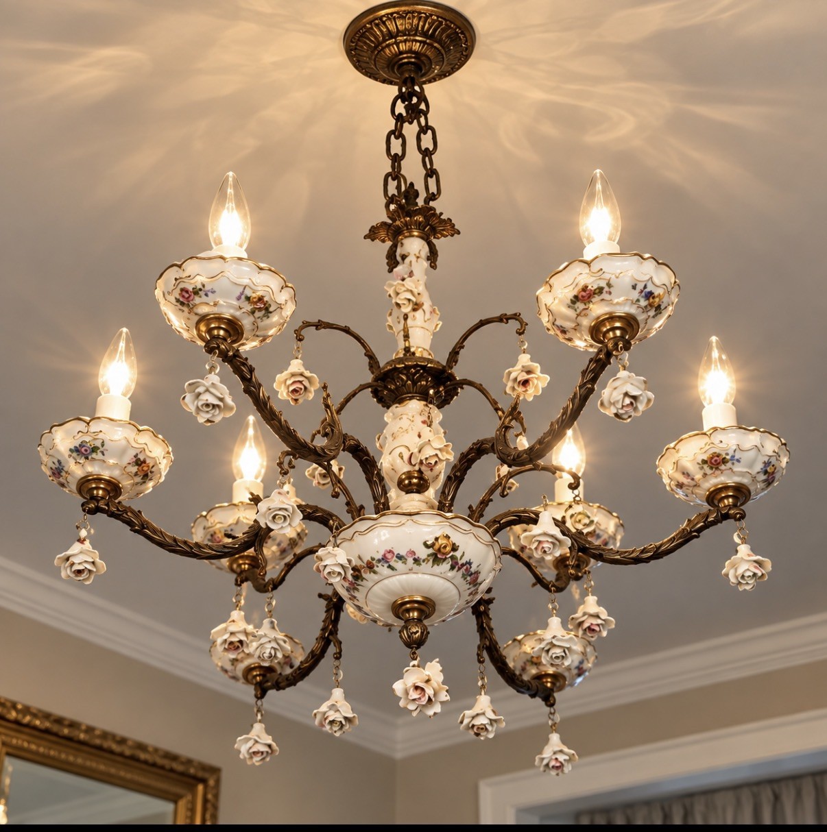 VTG Porcelain & Brass Chandelier, 6 Lights, Gilded White Flowers Made in Spain