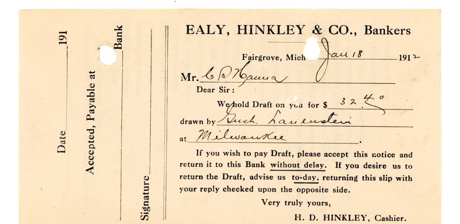 1912 antique Ealy Hinkley & Co Bankers Draft Fairgrove Michigan Signed receipt