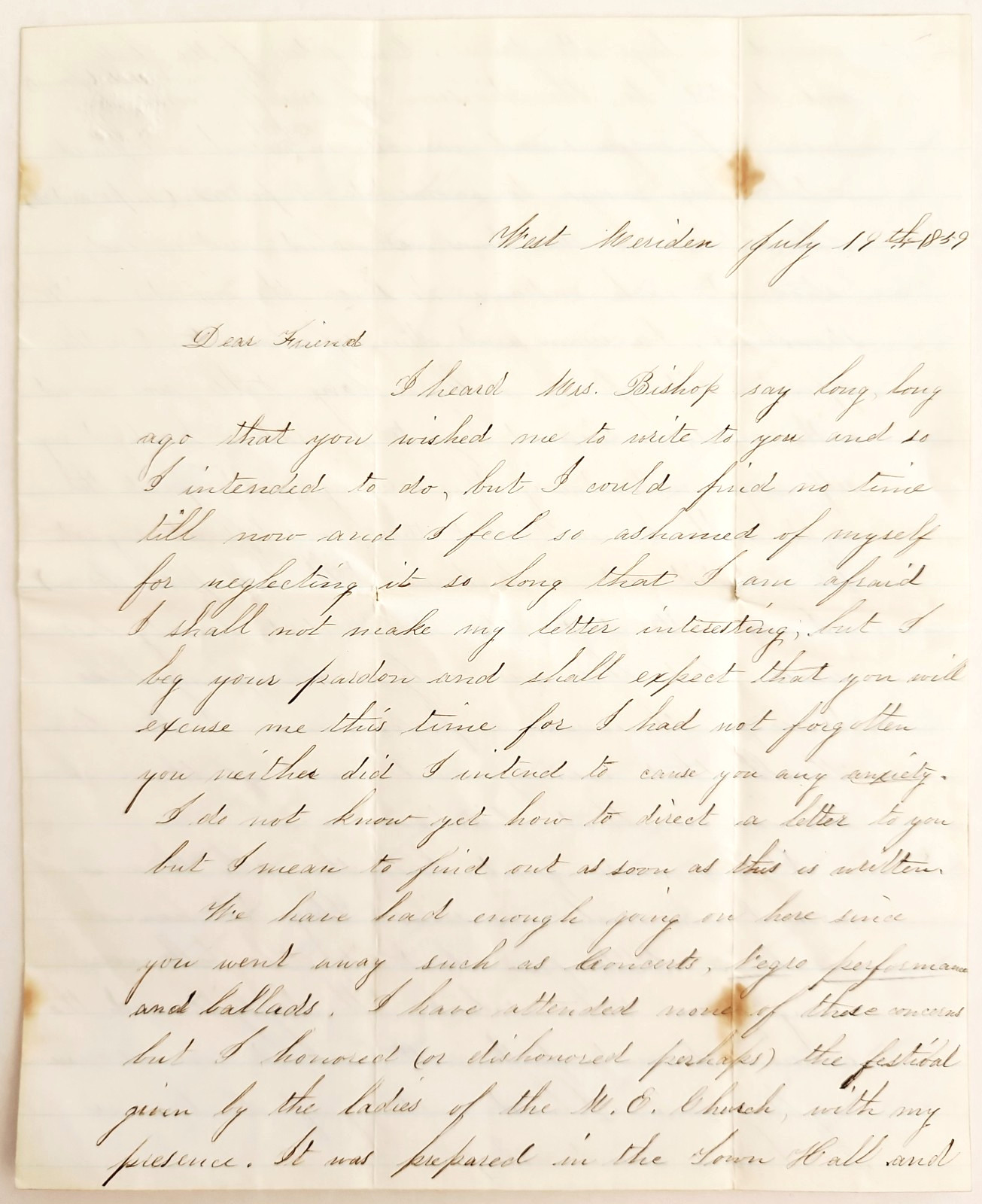 1859 Handwritten Letter West Meriden CT Methodist Church Fair July 4th Victorian
