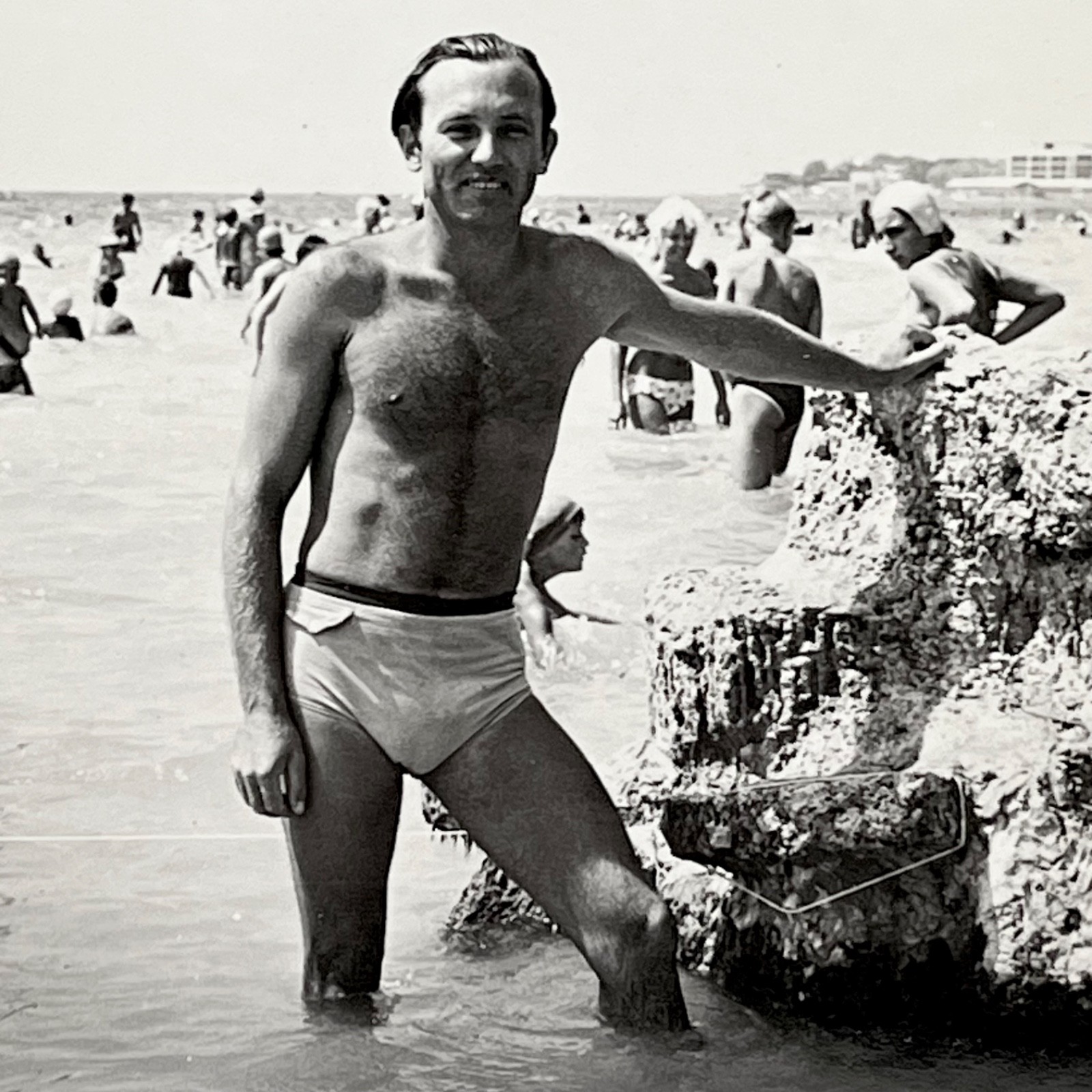 1960s Shirtless Handsome Man Tight Swim Trunks Gay Interest Vtg Snapshot Photo