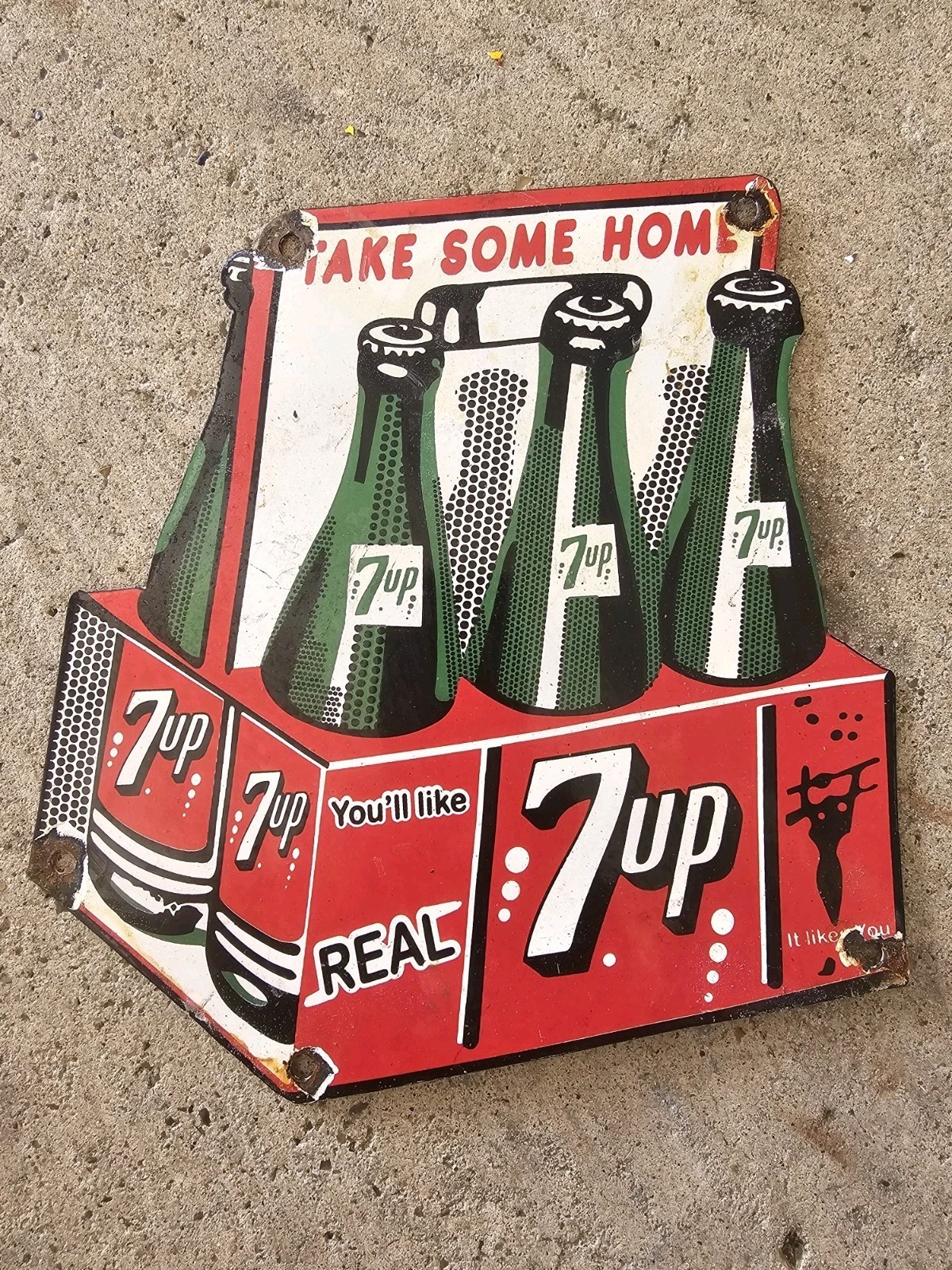 VINTAGE 1950'S 7 UP POP SODA SIX PACK CRATE PORCELAIN SIGN  9
