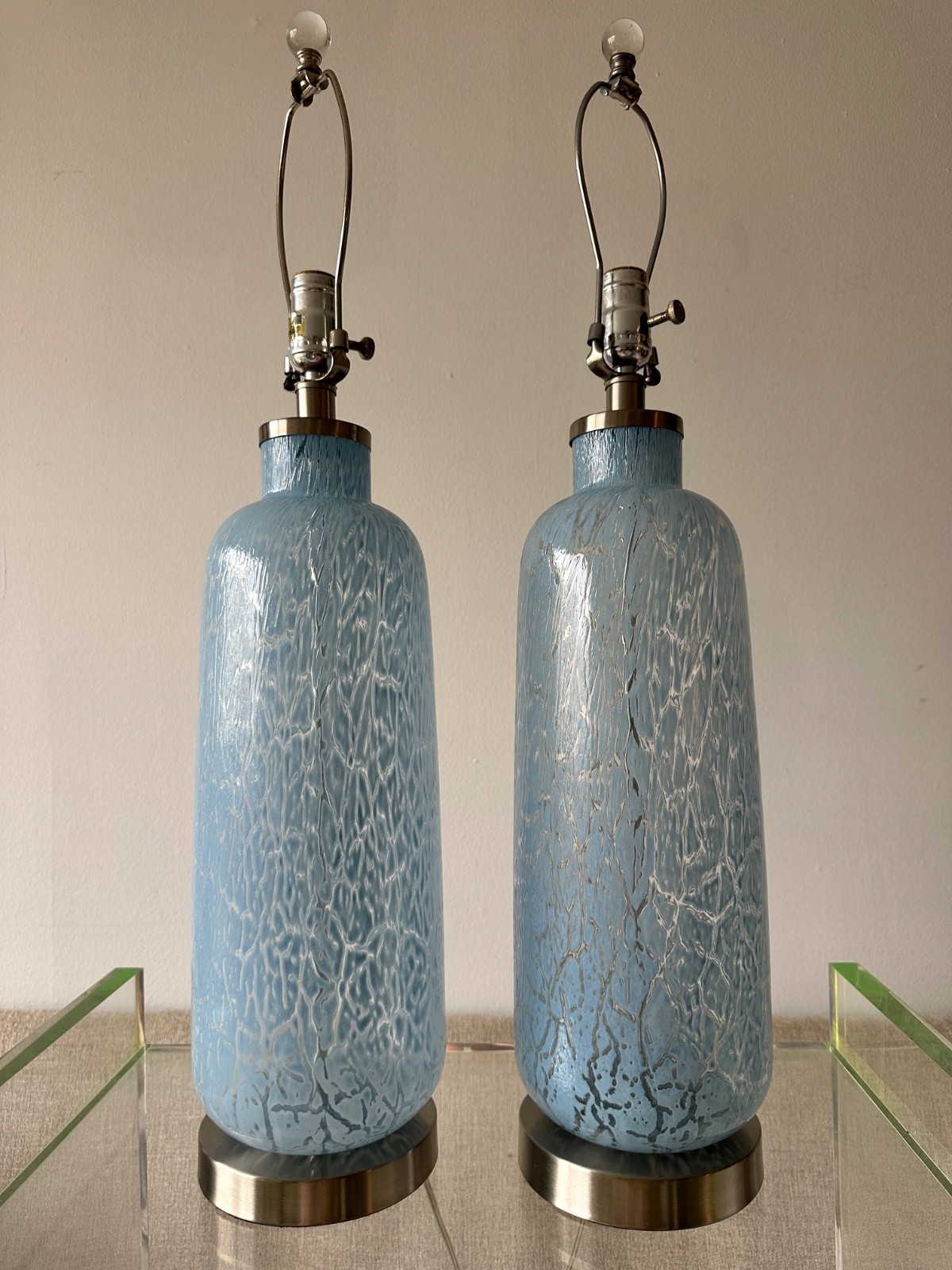 Pair Vintage Blue Textured Art Glass Table Lamps 27\