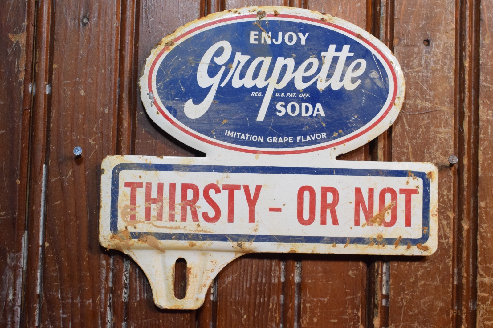 GRAPETTE ENJOY SODA STAMPED PAINTED METAL TOPPER SIGN VINTAGE 1950s THIRSTY POP