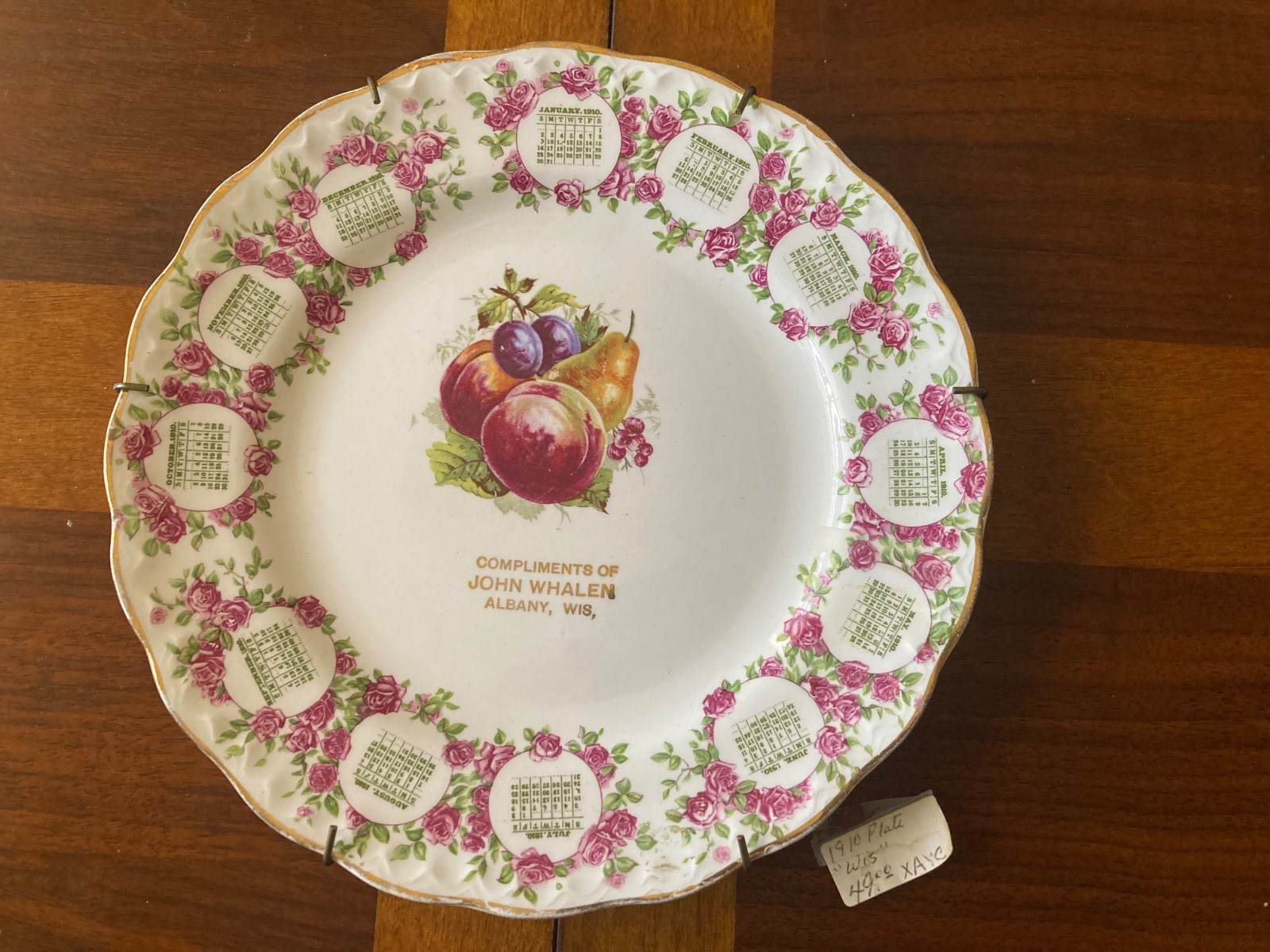 Antique McNicol Carnation  1910 John Whalen Albany Wis. Calendar Plate