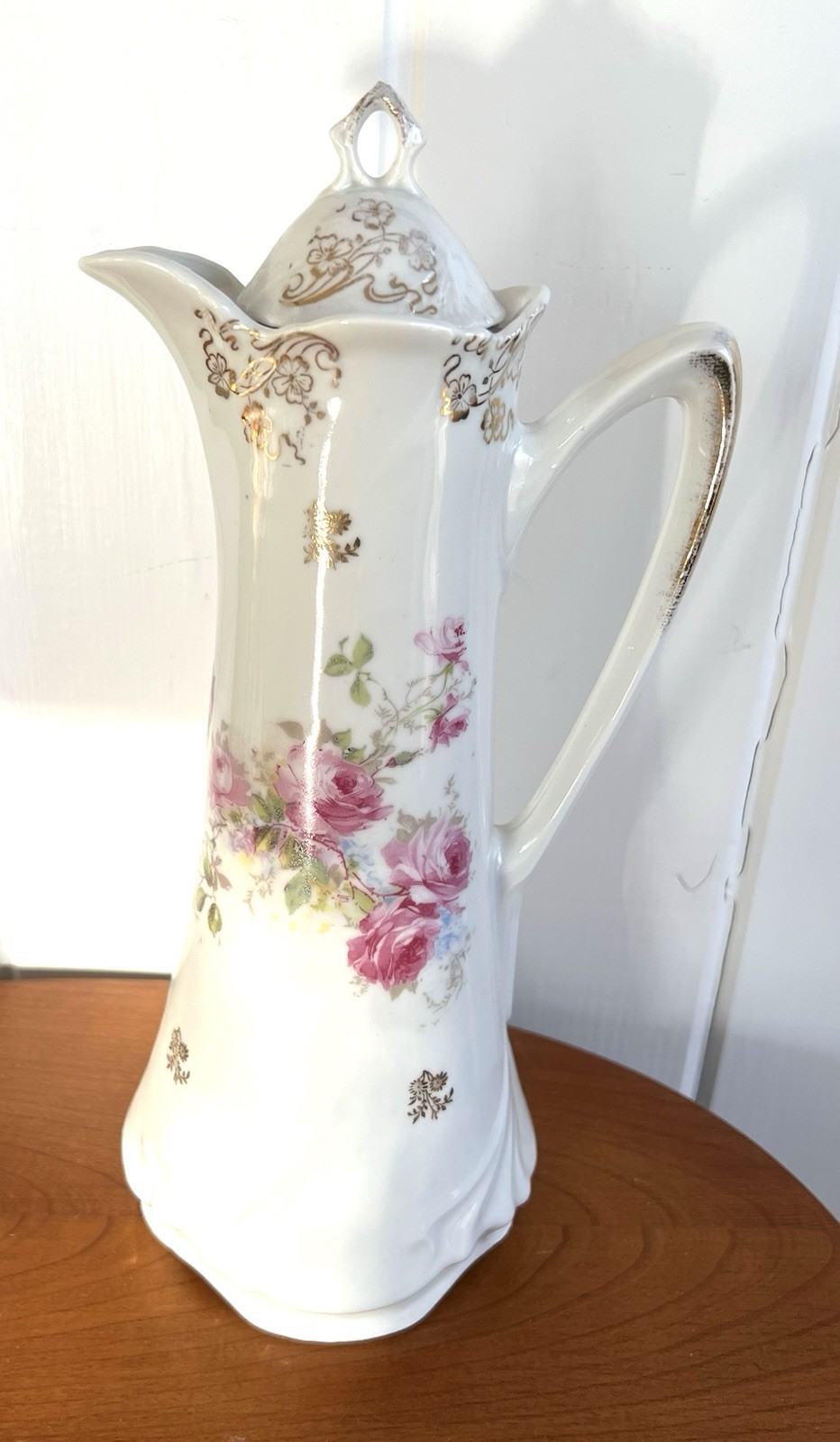 REDUCED Vintage Tea Chocolate Pot Tall Slender With Lid Beautiful Roses