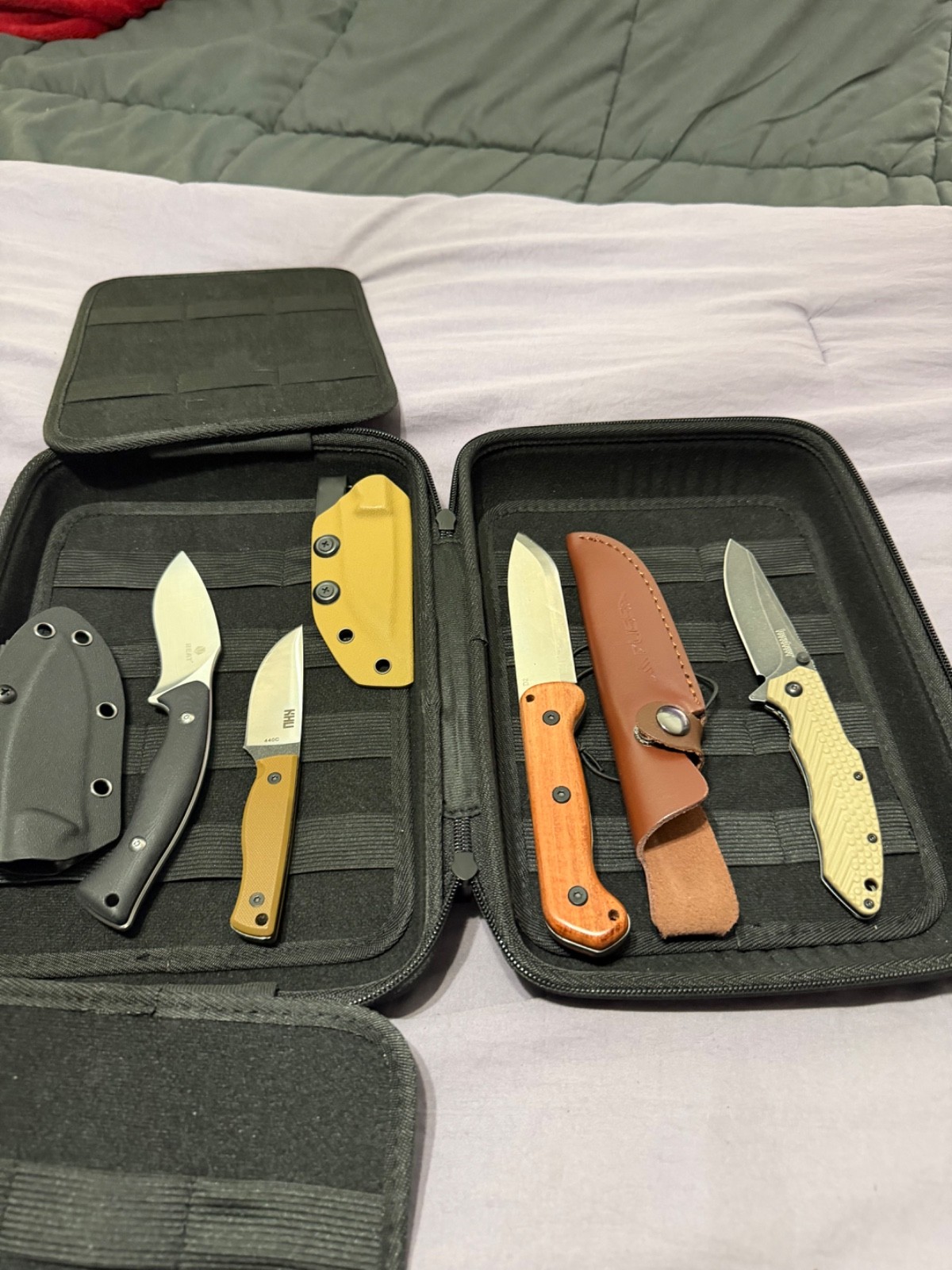 Lot of 4 edc knives. 3 fixed blade and 1 folder with Squero knife case