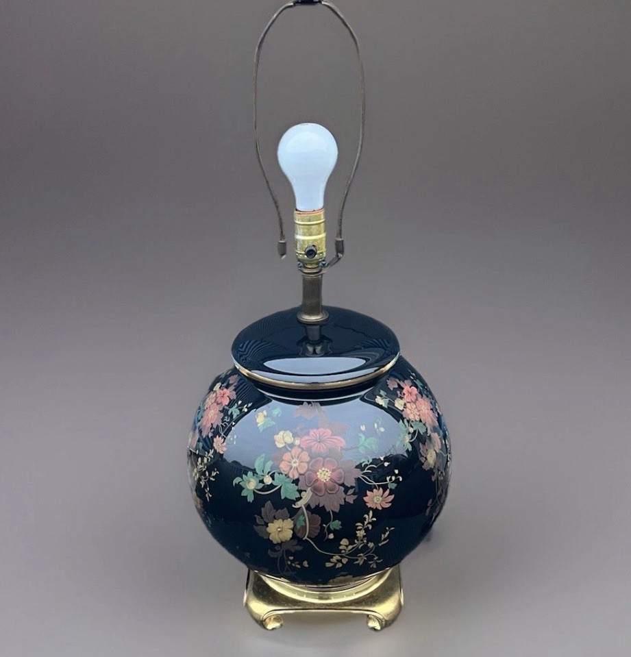 Vintage Nathan Glass MCM Table Lamp Hand Blown Black Floral Globe Brass 28in