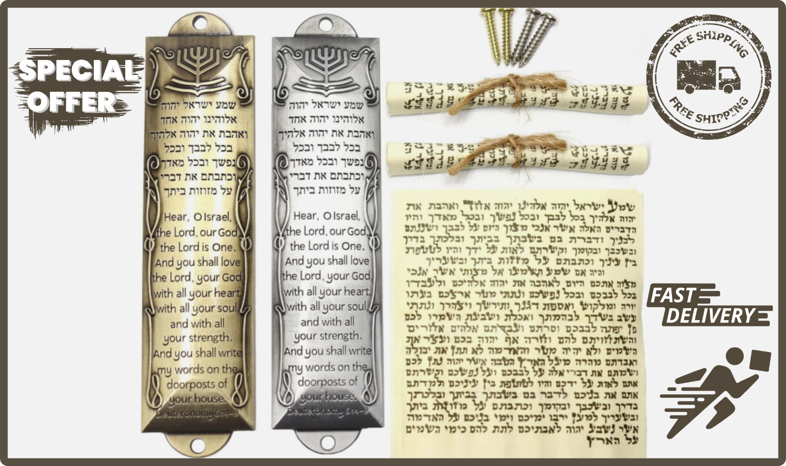 2 Pack Jewish Mezuzah Door Case with Scroll Hebrew English Blessing Gold Silver