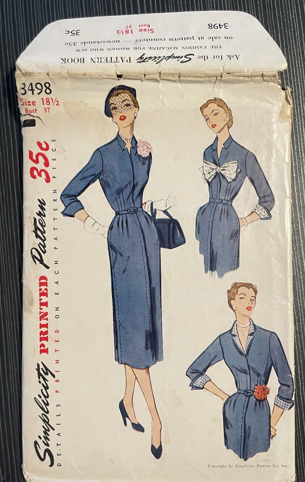 Vntg 1950s Simplicity Pattern 3498 Size 18 1/2 UNCUT Dress Detach Cuffs Bow Vest