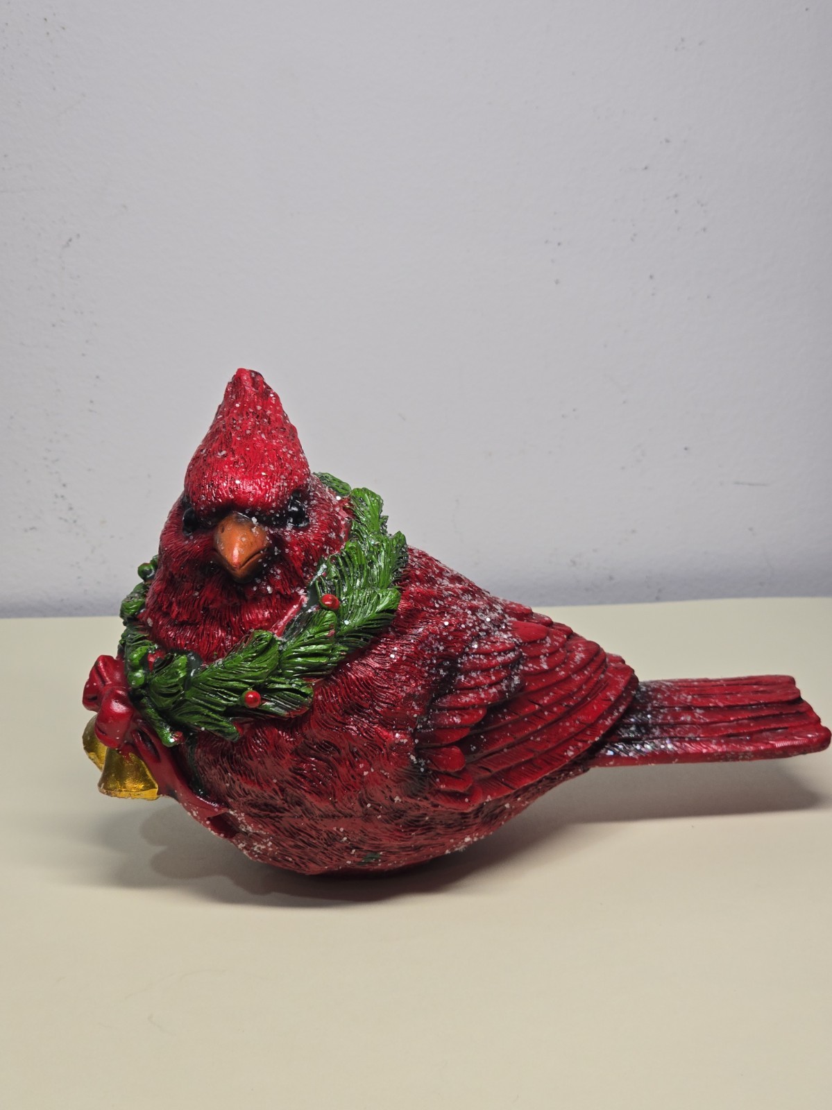 Cardinal Christmas Figurine with Wreath Red Bird