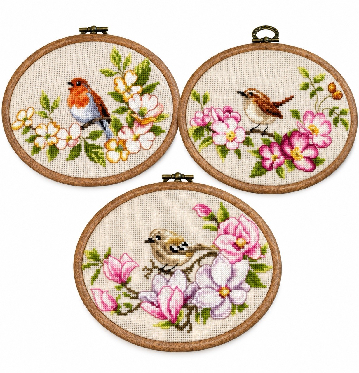 Old Vintage Embroidered Bird Pictures Cottage Core Country Set Of 3