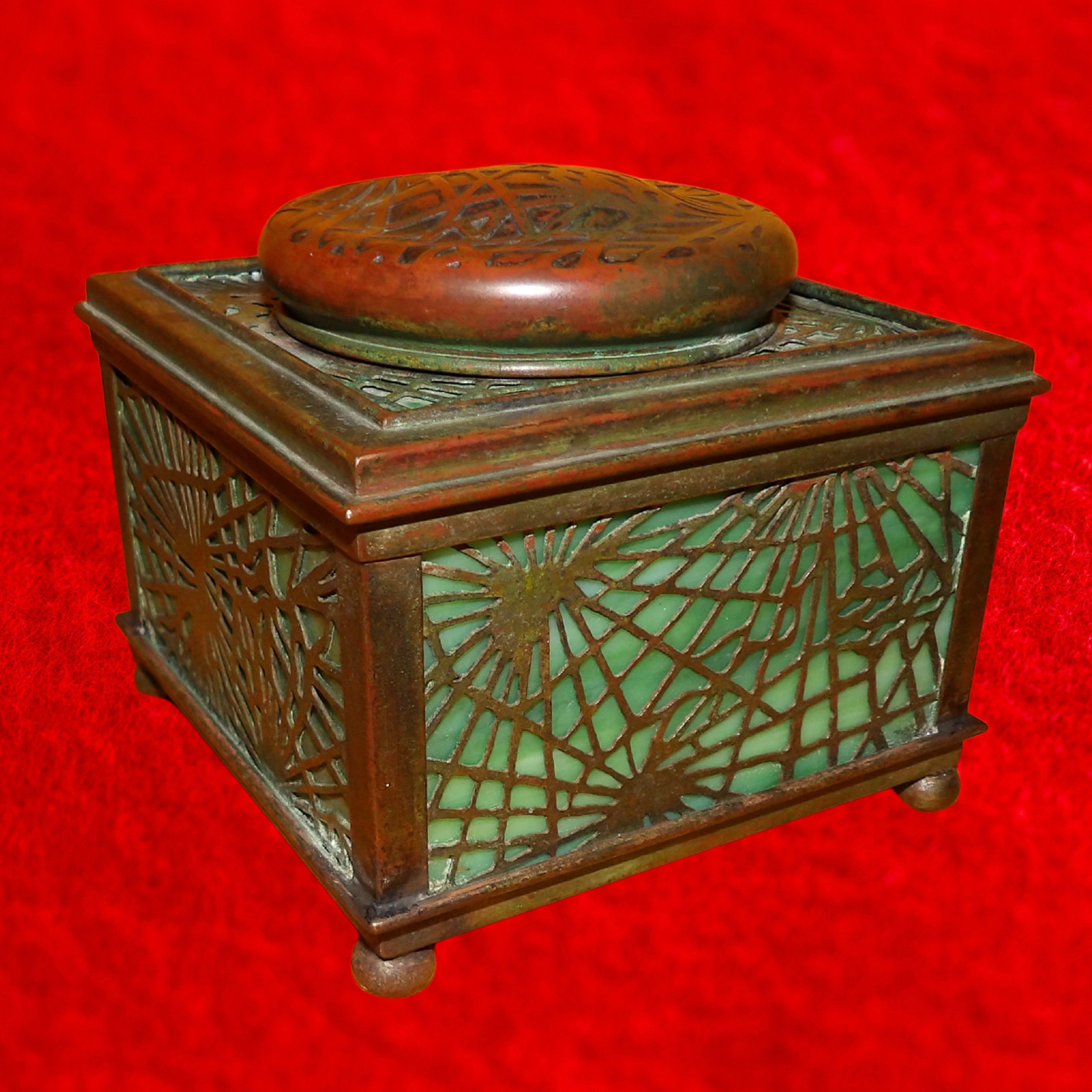 Tiffany Studios Antique Pine Needle Inkwell #844 Green Favrile Glass All Intact