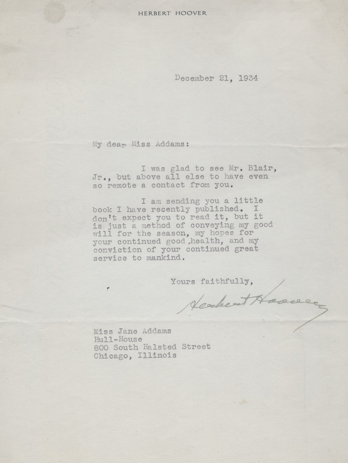Herbert Hoover 1934 Typed Letter Signed - To Jane Addams - 