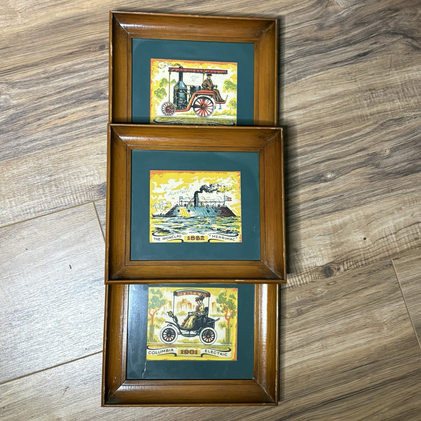 Vtg Framed Transportation Prints Lot of 3 Merrimac Columbia Electric Steam Car