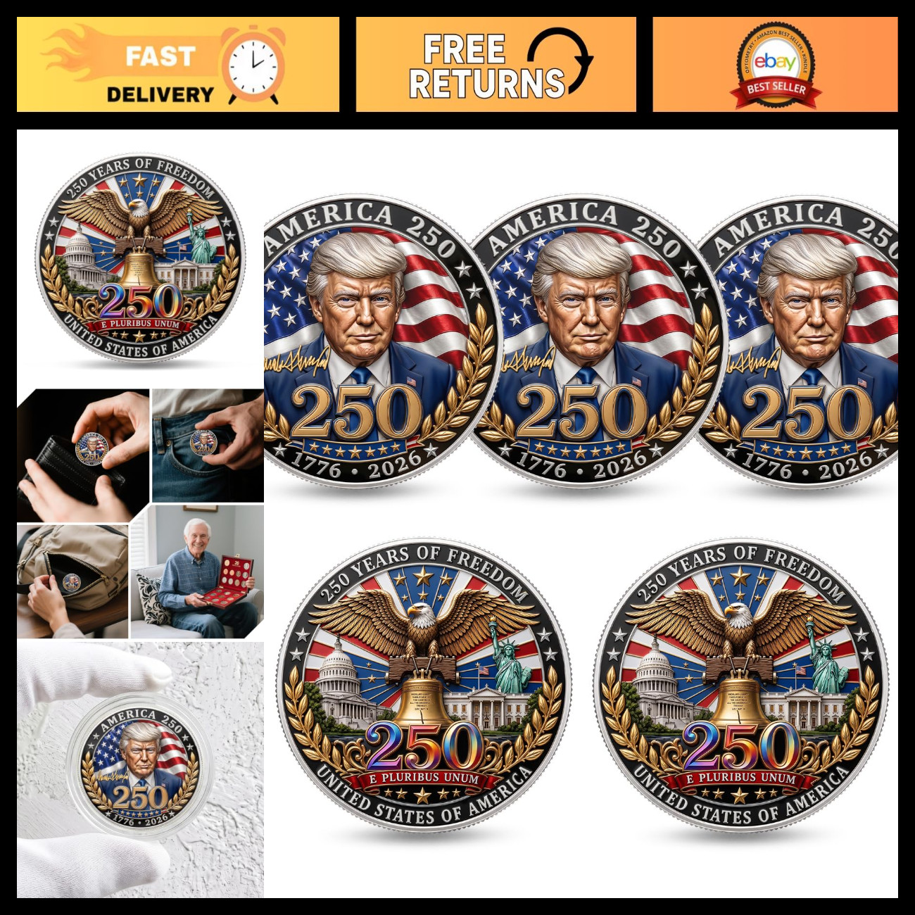 America 250 Challenge Coin Set - 5 Pack Collectible Coins, 1776-2026 Commemorati