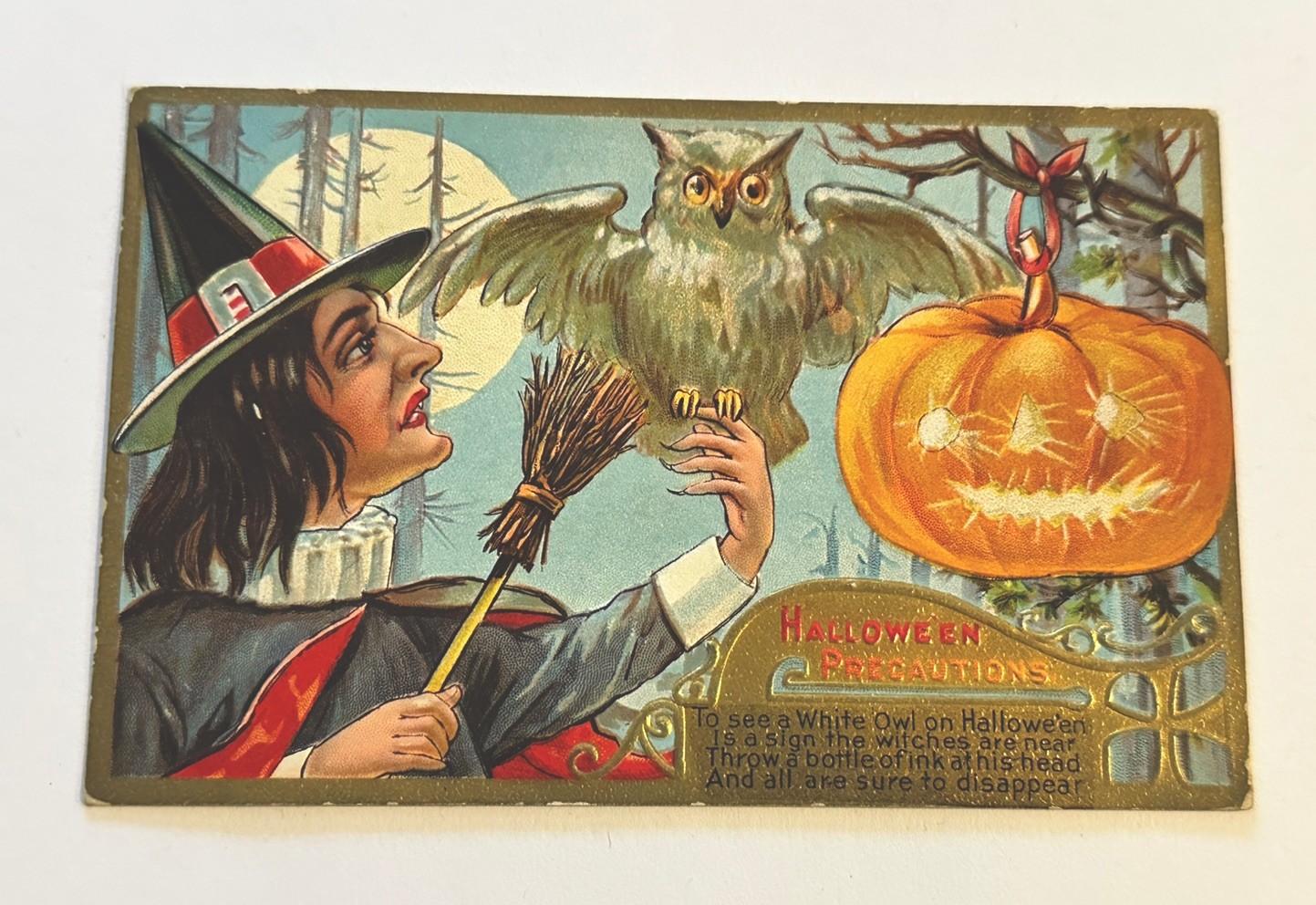 Antique/Vtg Nash series # 2 Halloween Precautions Postcard - Witch Owl JOL