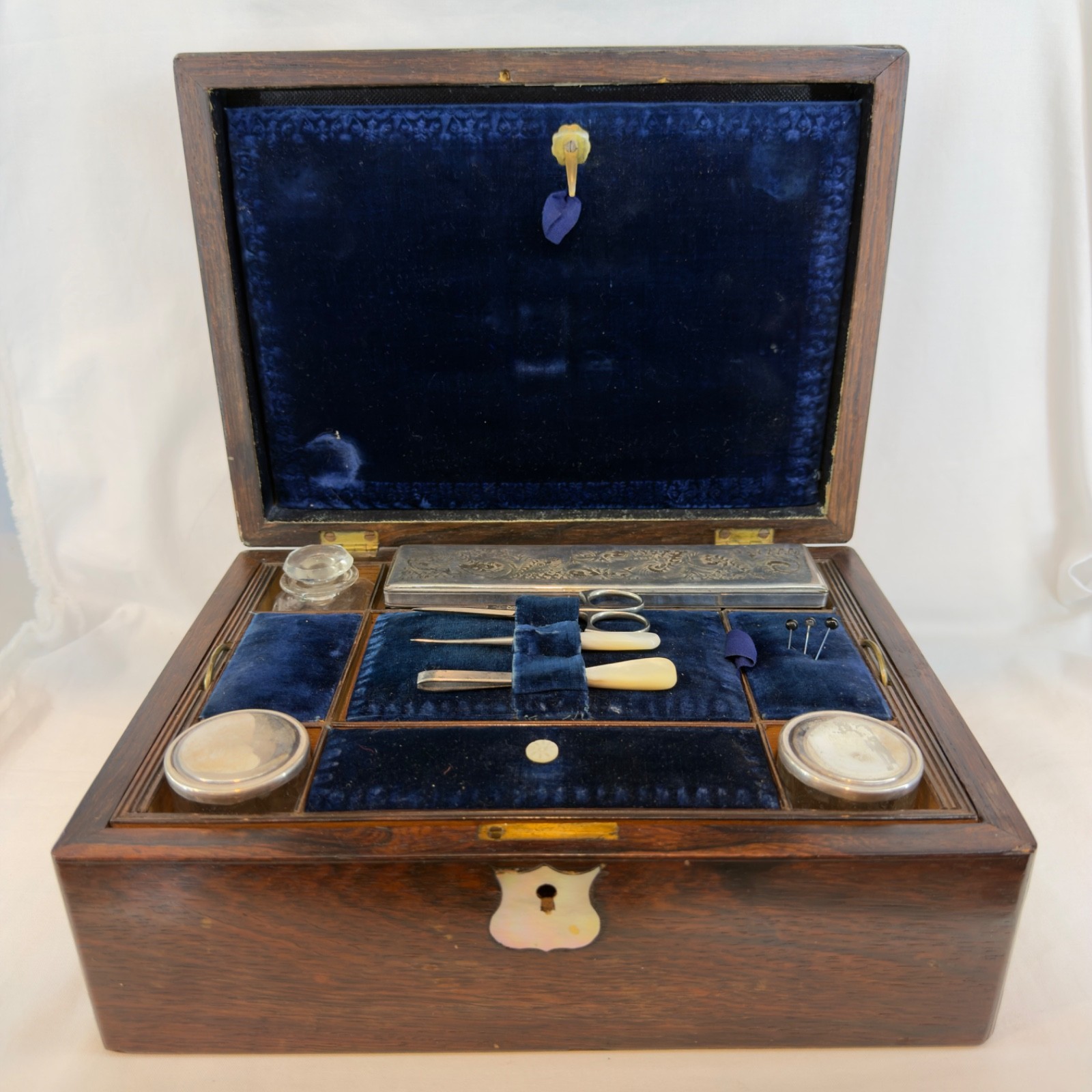 Antique Victorian Ladies Wood Vanity / Sewing Box Velvet Lined W/ Contents