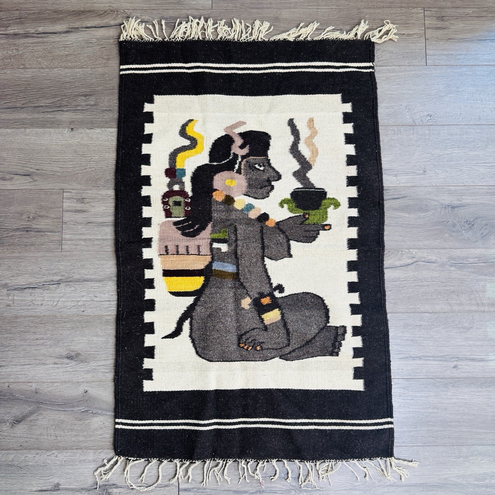 Vintage Handwoven Zapotec Wool Rug Tapestry 26x 46