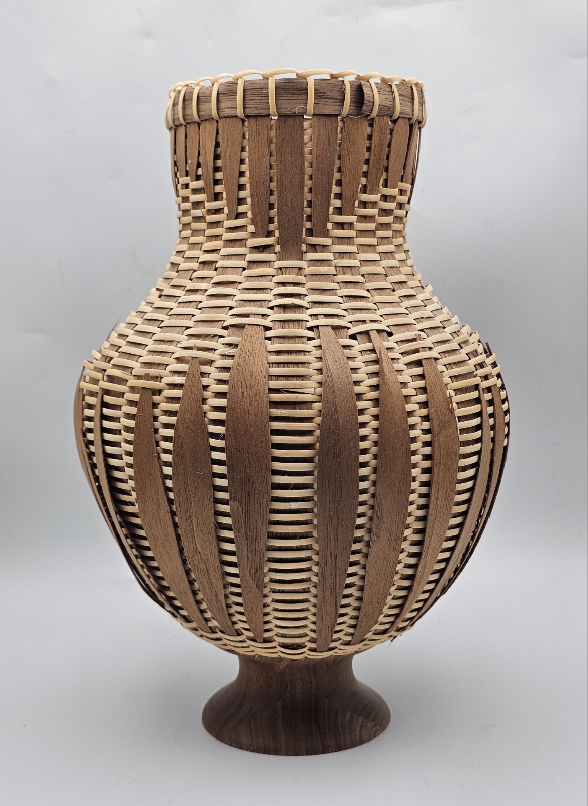 Contemporary Nantucket Walnut W/ Hamburg Cane Vase 11.25 Inch Handmade Vase