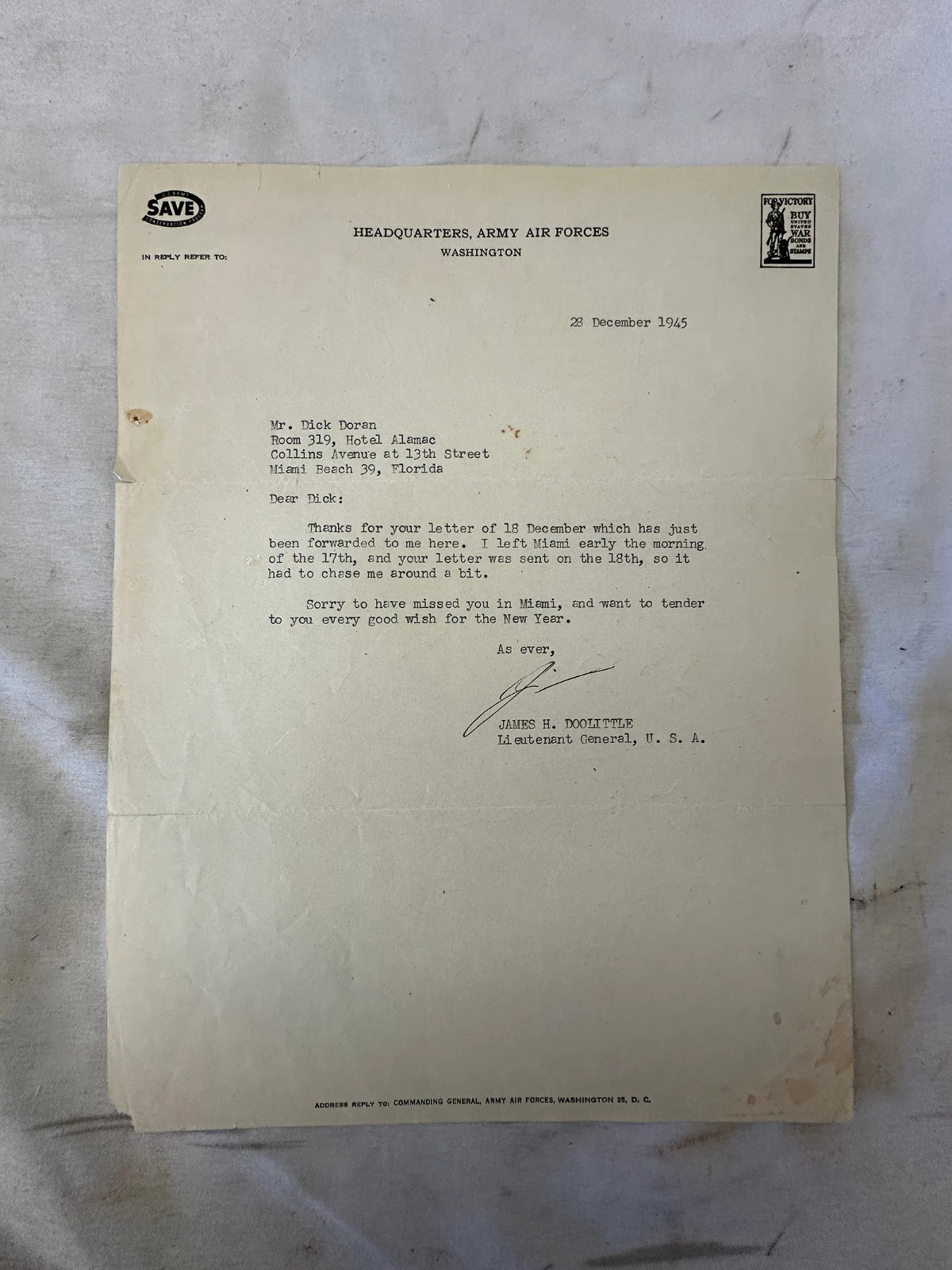 General James Doolittle US Army 1945 WW2 WWII Signed Letter