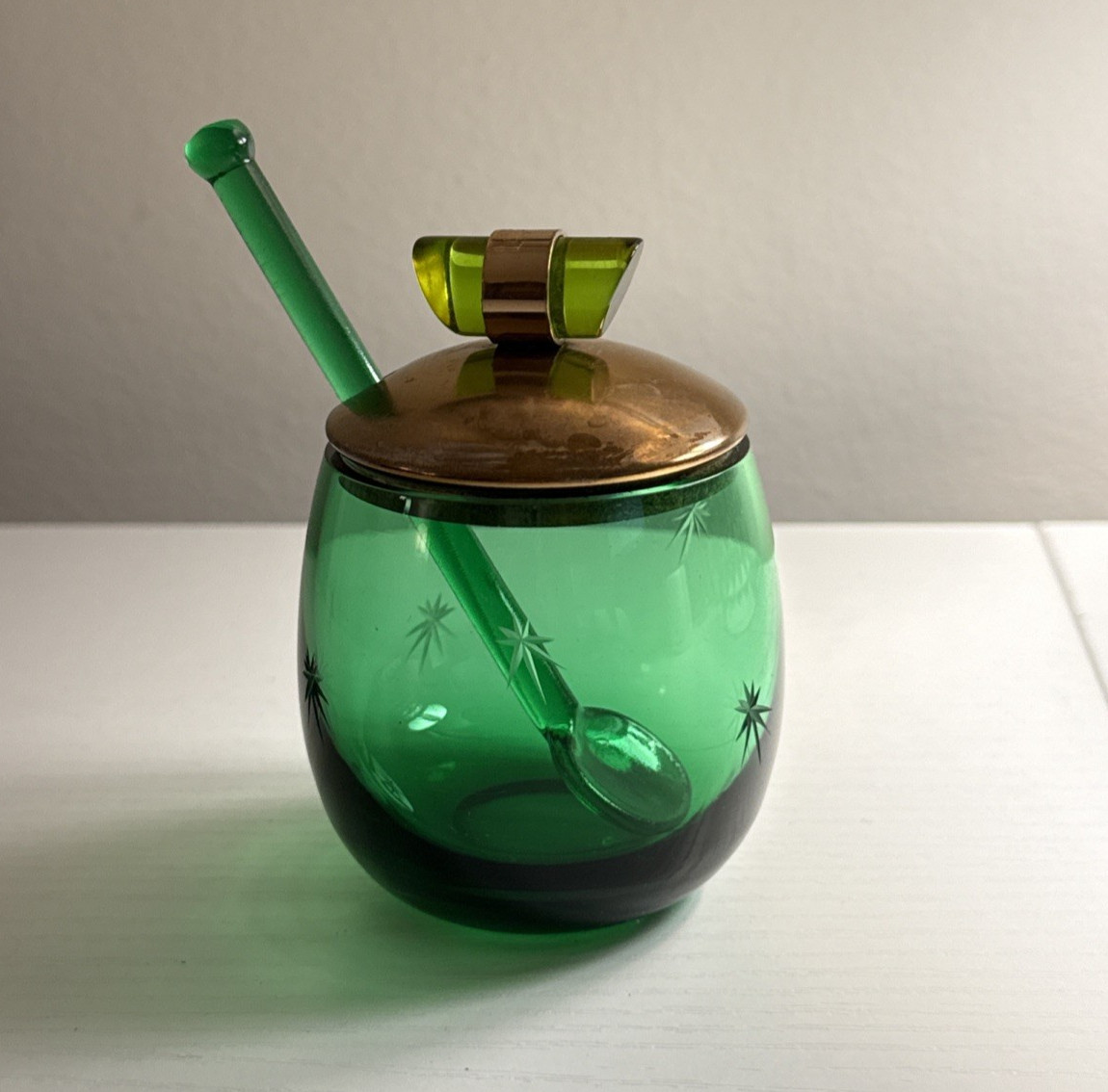 Vintage Mid-Century Paden City Green Glass Condiment Jar w/ Brass Lid & Spoon