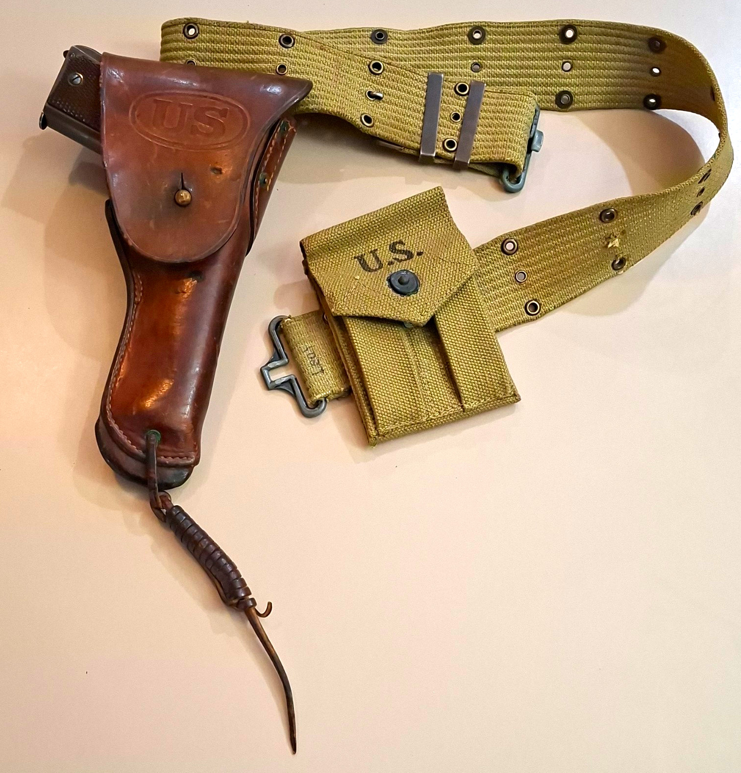 WWII U.S. Web Pistol Belt w/ ENGER-KRESS holster & 1942 HOFF MFG.CO. Mag Pouch