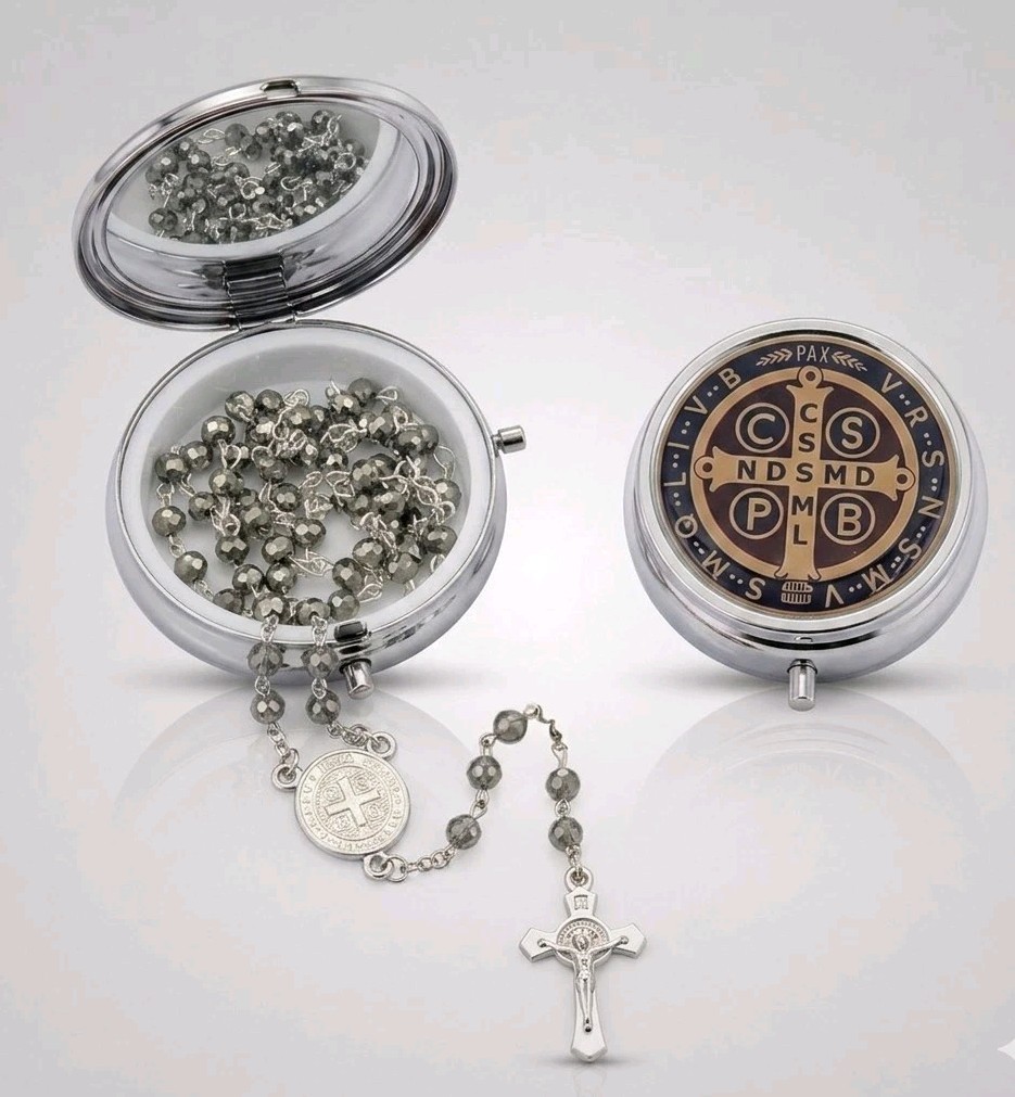 St Benedict Pocket Rosary & Keepsake Box Set Silver Tone protection 