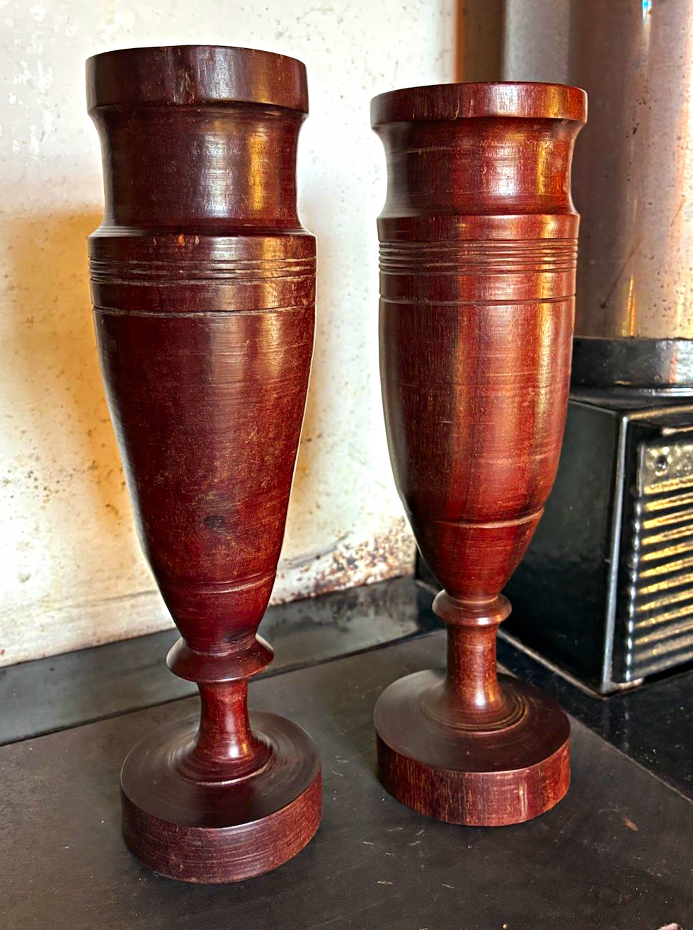 Vintage Hand Turned Ironwood Goblet Vase Pair Mid Century Treenware Chalice