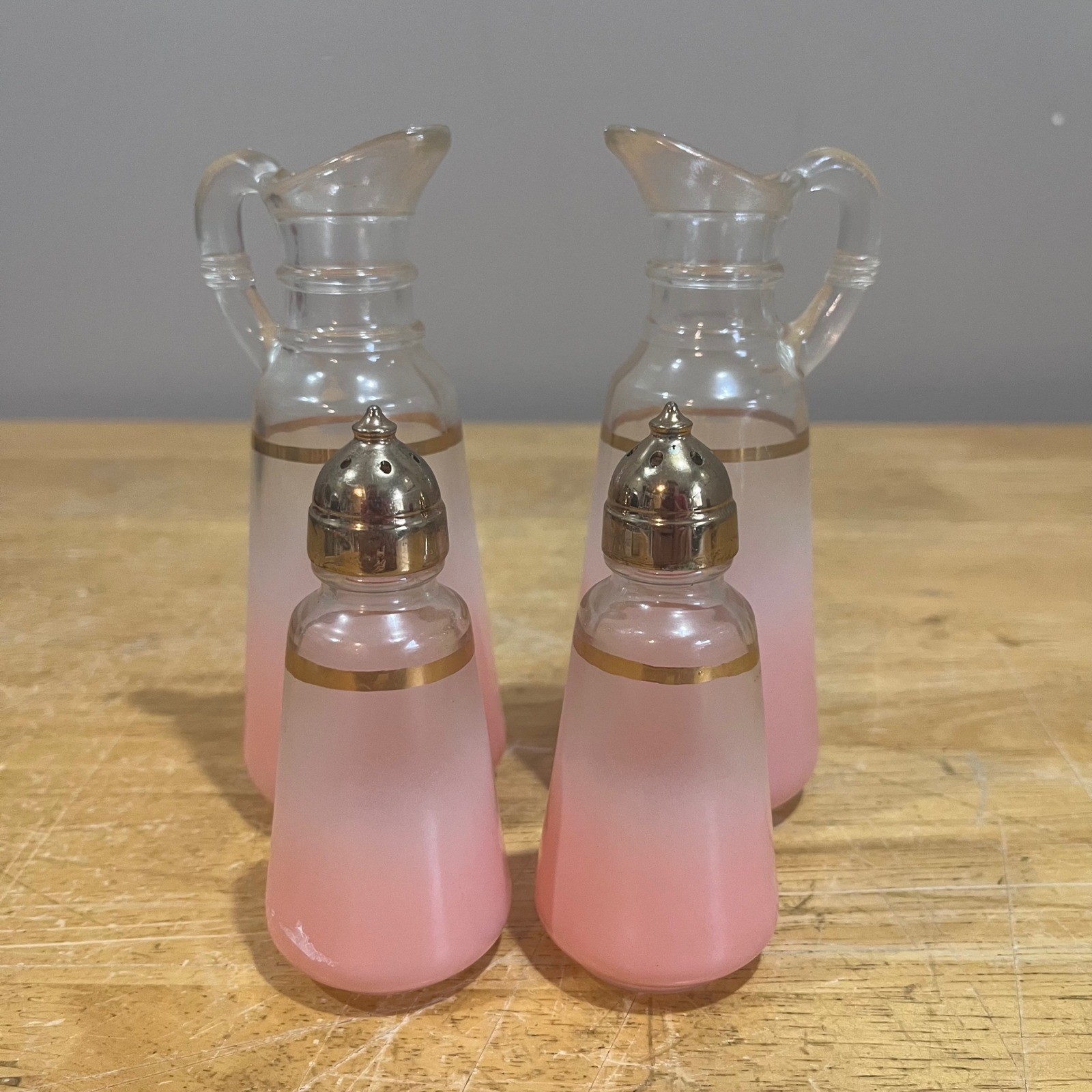 Vintage Frosted Pink Ombre Glass Cruet and Salt Pepper Shaker Set Gold Trim 4pc