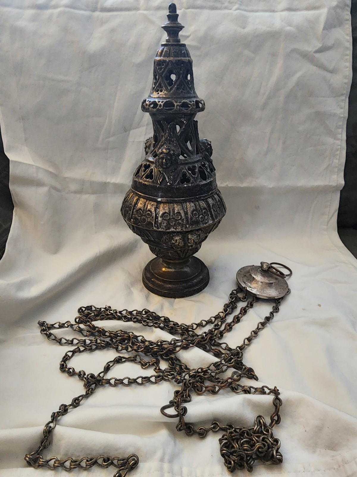 Antique 19th C Catholic Church Thurible Censer Silverplate Cherub Hanging Chain