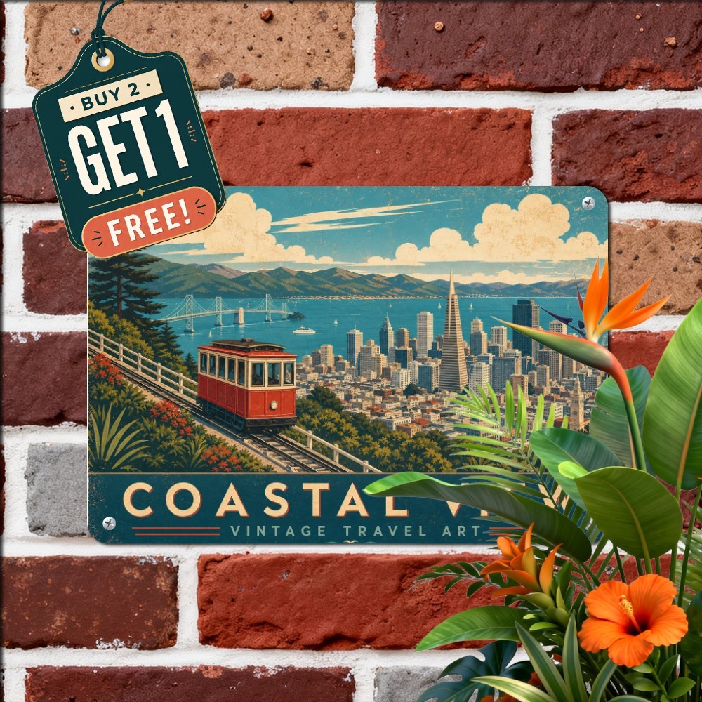 Coastal Town Funicular Cable Car Sign Vintage Scenic Seaside Metal Tin Plaque