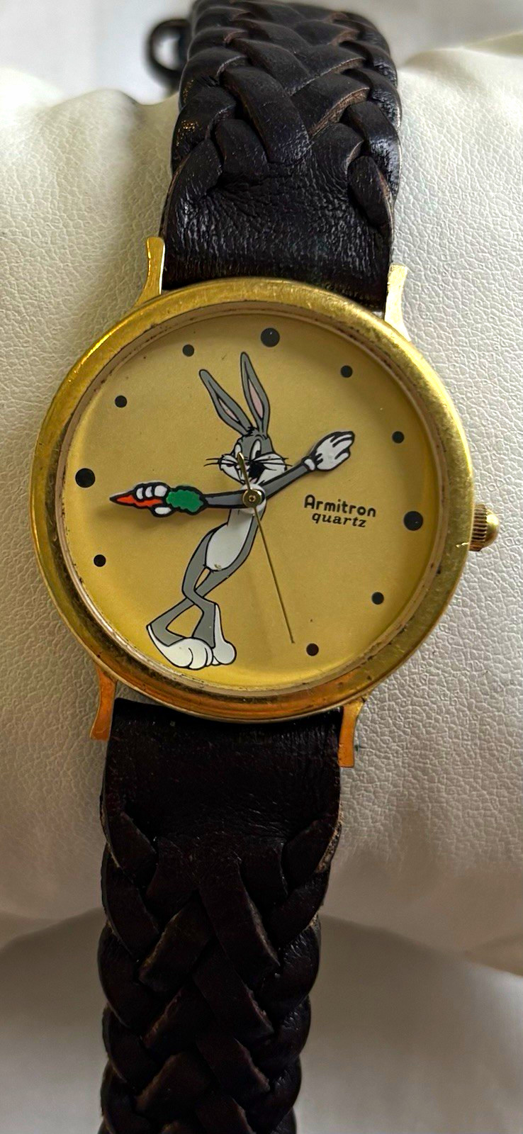 Vintage Armitron Bugs Bunny Quartz Watch Gold Case Braided Leather Band