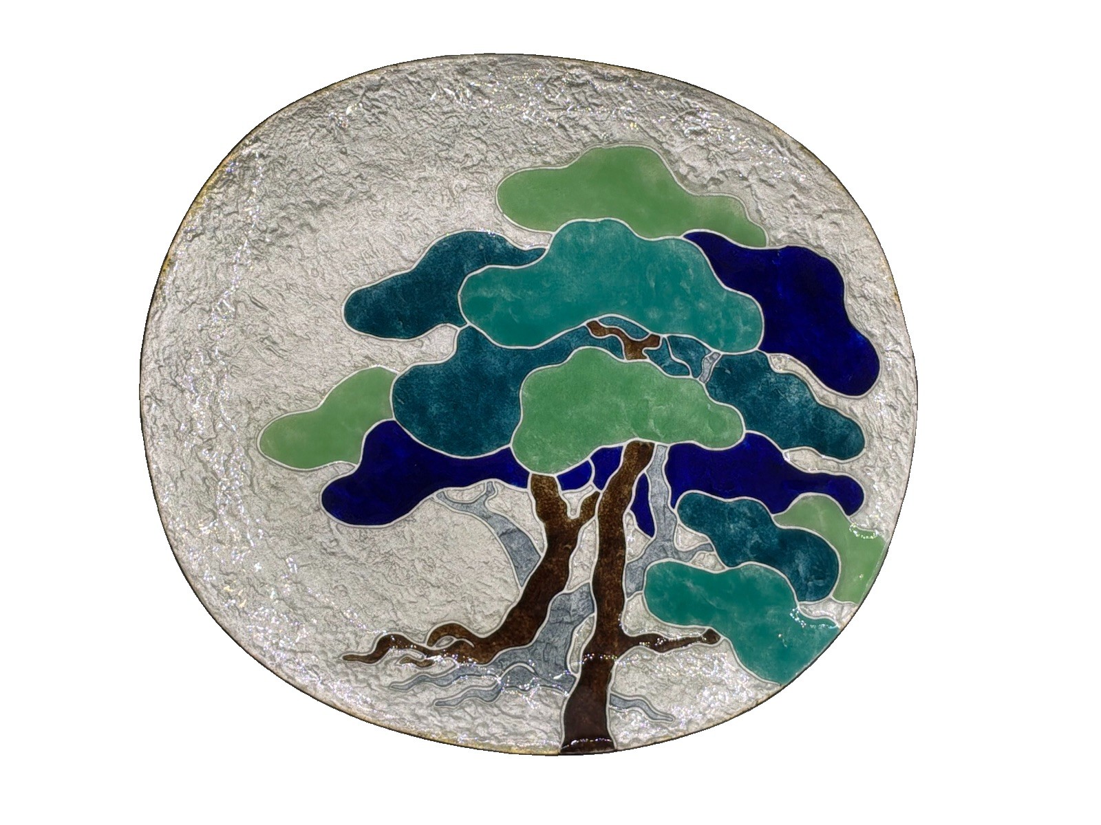Vintage Ando Cloisonné Enamel Plate Japan Bonsai Silver Foil Pine Tree 8”x9” EUC