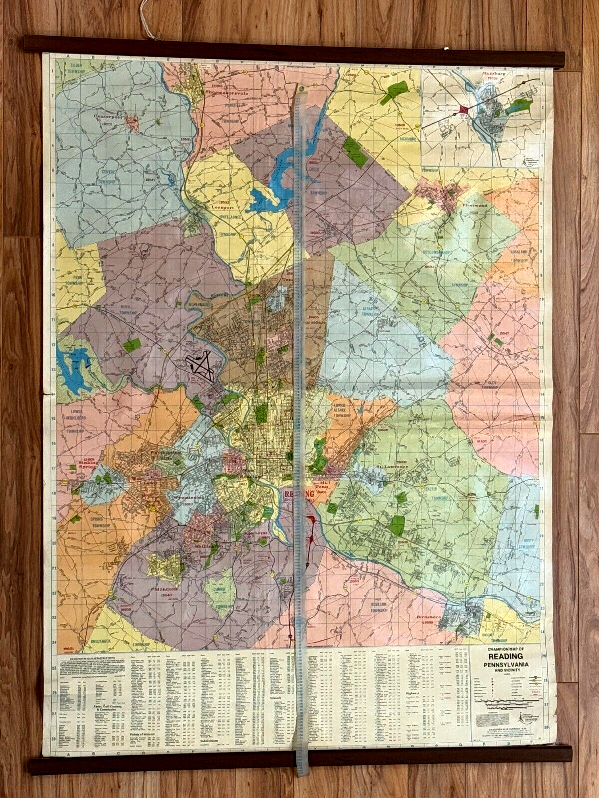 Vintage 1988 Champion Map Large Roll Up/Down Colorful Reading Berks County PA