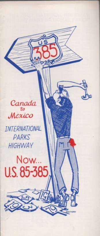 c1960 US 385-85 International Parks Highway Pictorial Map Canada to Mexico