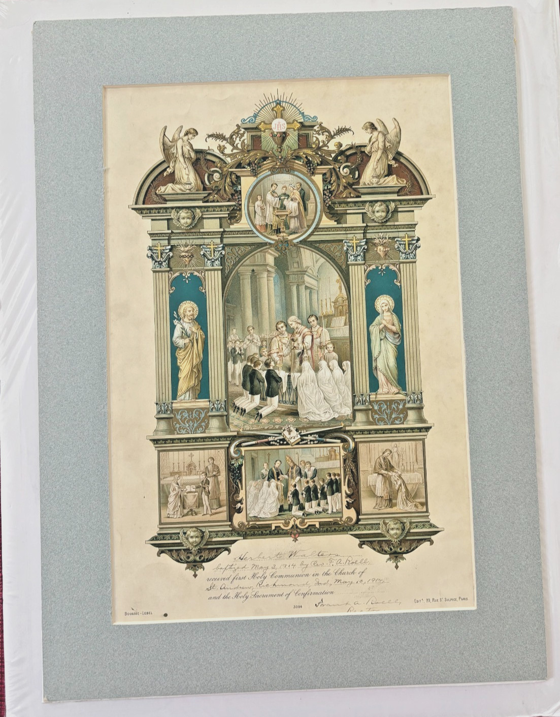1914 Gorgeous Confirmation Certificate  Filled in w/ A Name & Date w/Border  *