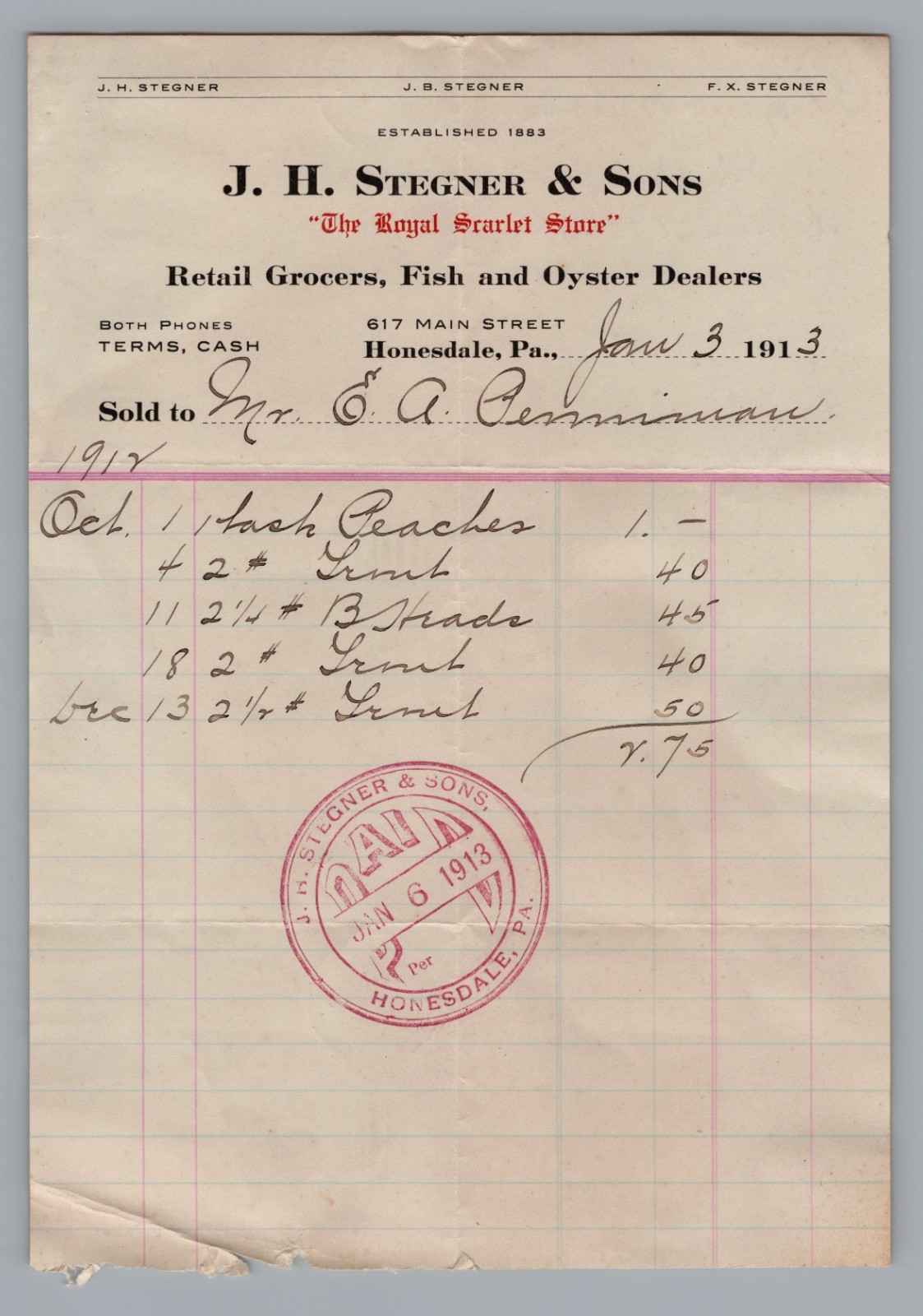 1913 billhead Graham Watts Hardware  Honesdale, PA - Ephemera