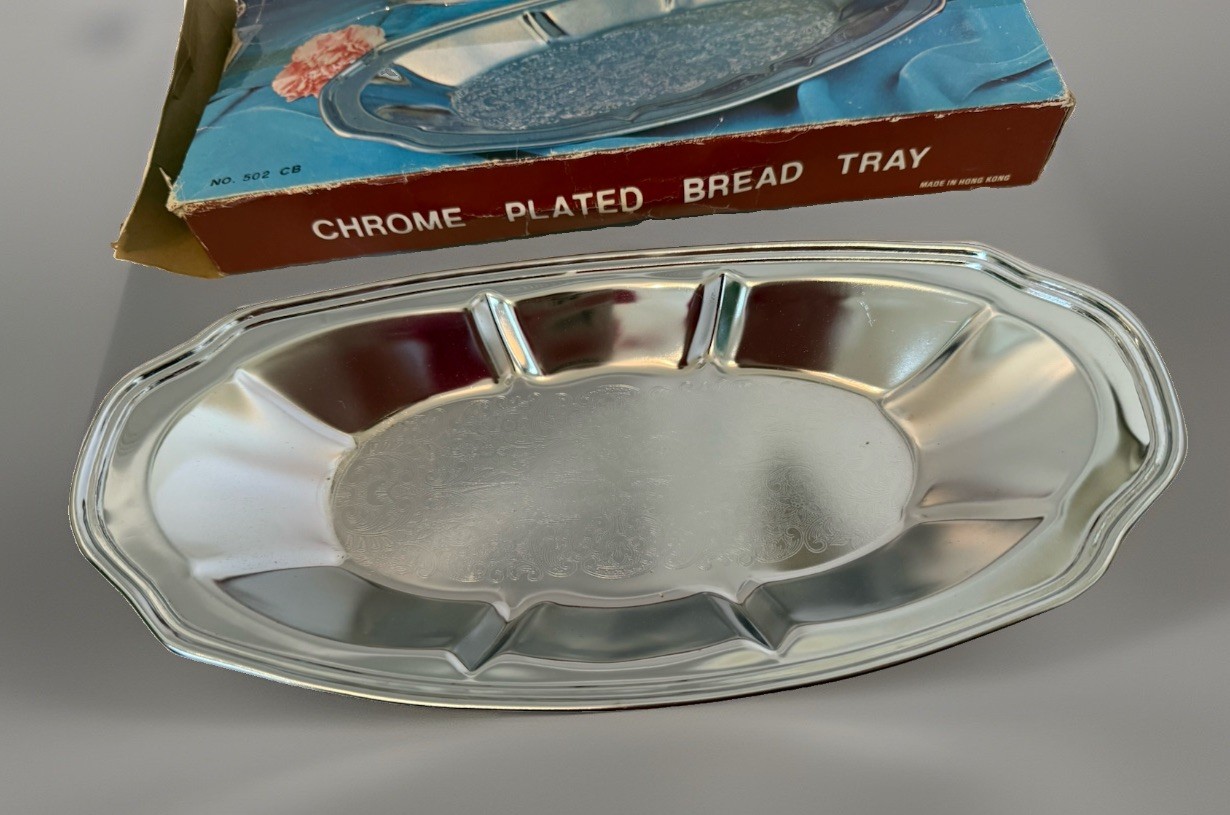 Vintage/Retro Chrome Plated Floral Oval Bread Tray Silver 12x7in MPN 502 CB