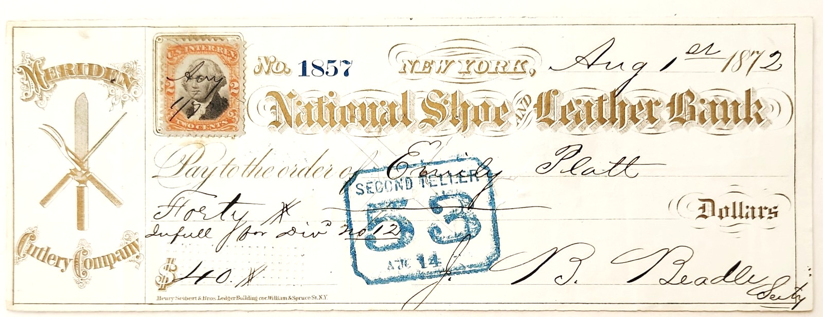 1872 Check National Shoe Leather Bank Meriden Cutlery 2c Revenue Stamp Victorian