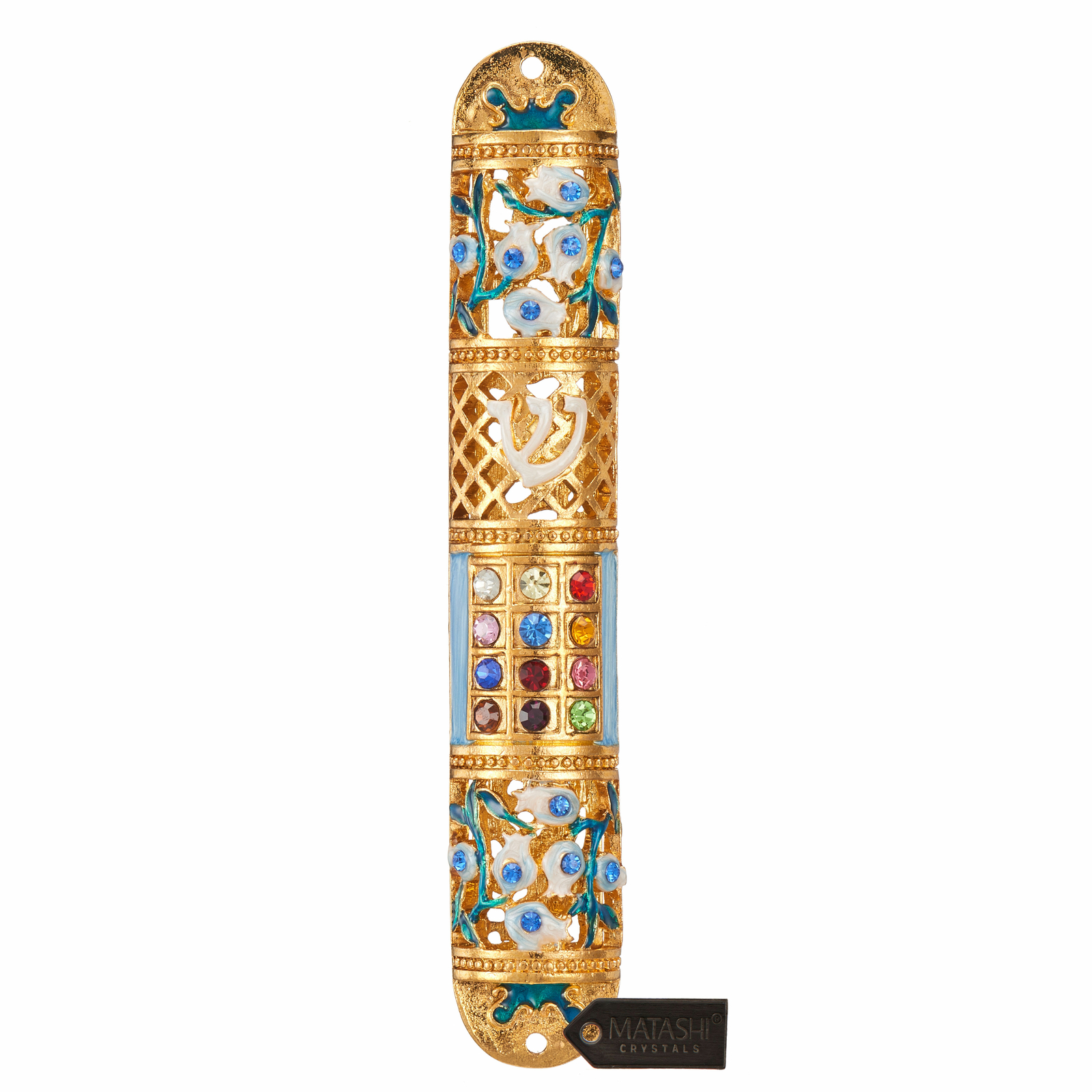 Decorative Enamel Mezuzah w/ Multi Colored Crystals and Floral Design