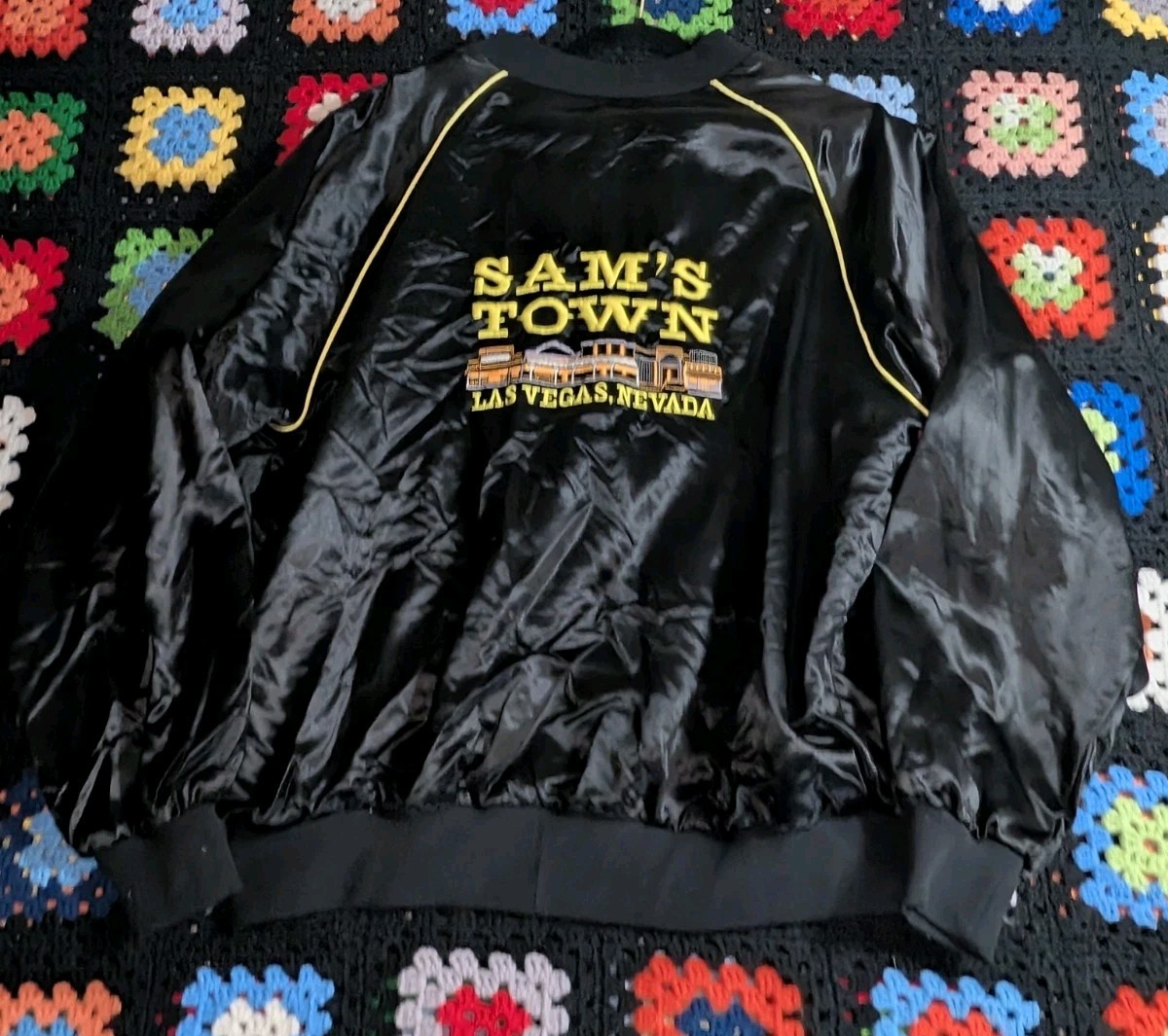 Vintage Sam’s Town Casino Men's Las Vegas 1990s black Satin Bomber Jacket 2XL
