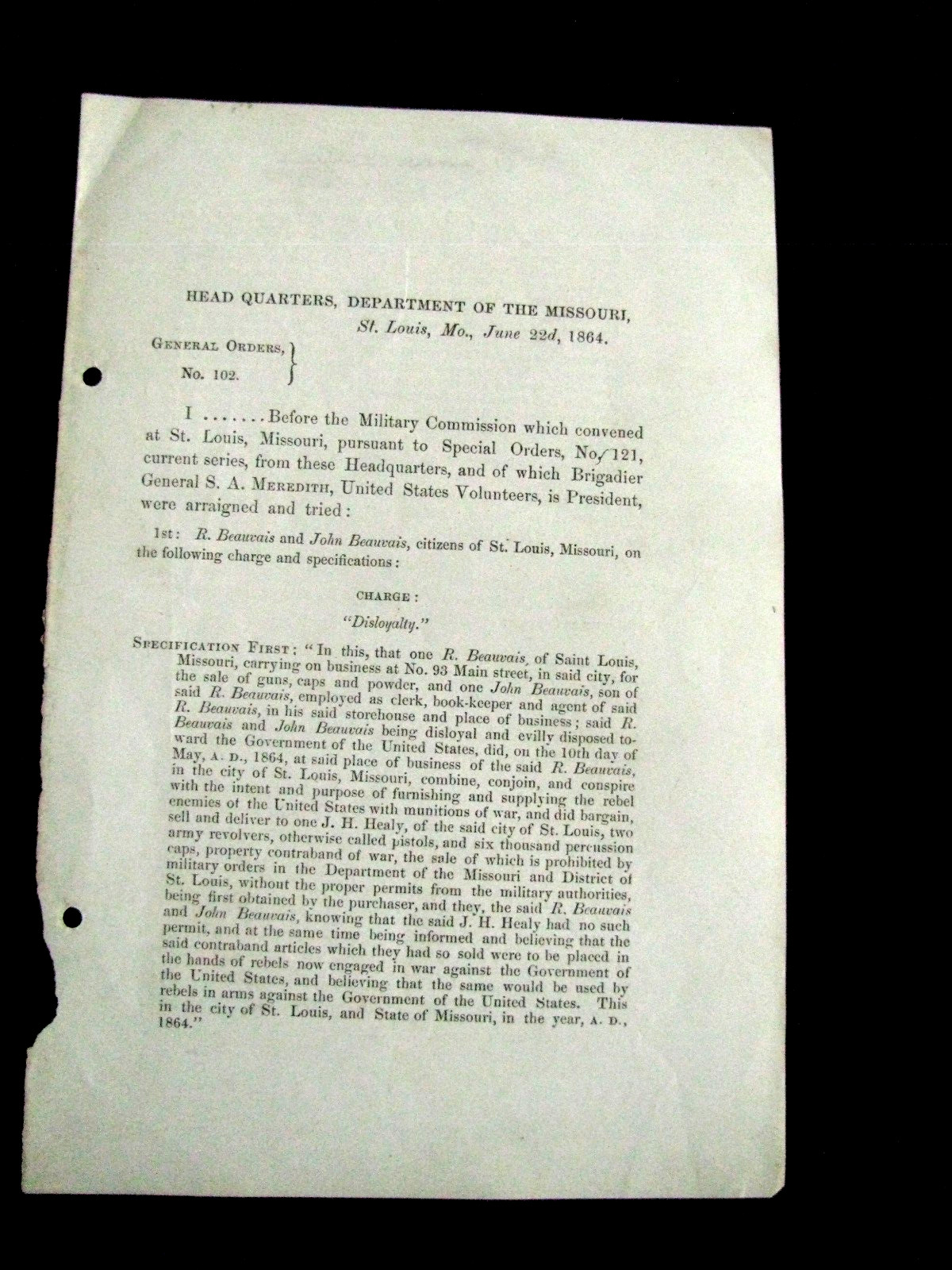 CIVIL WAR MISSOURI CONFEDERATE ARMS MAKER BEAUVAIS COURTMARTIAL