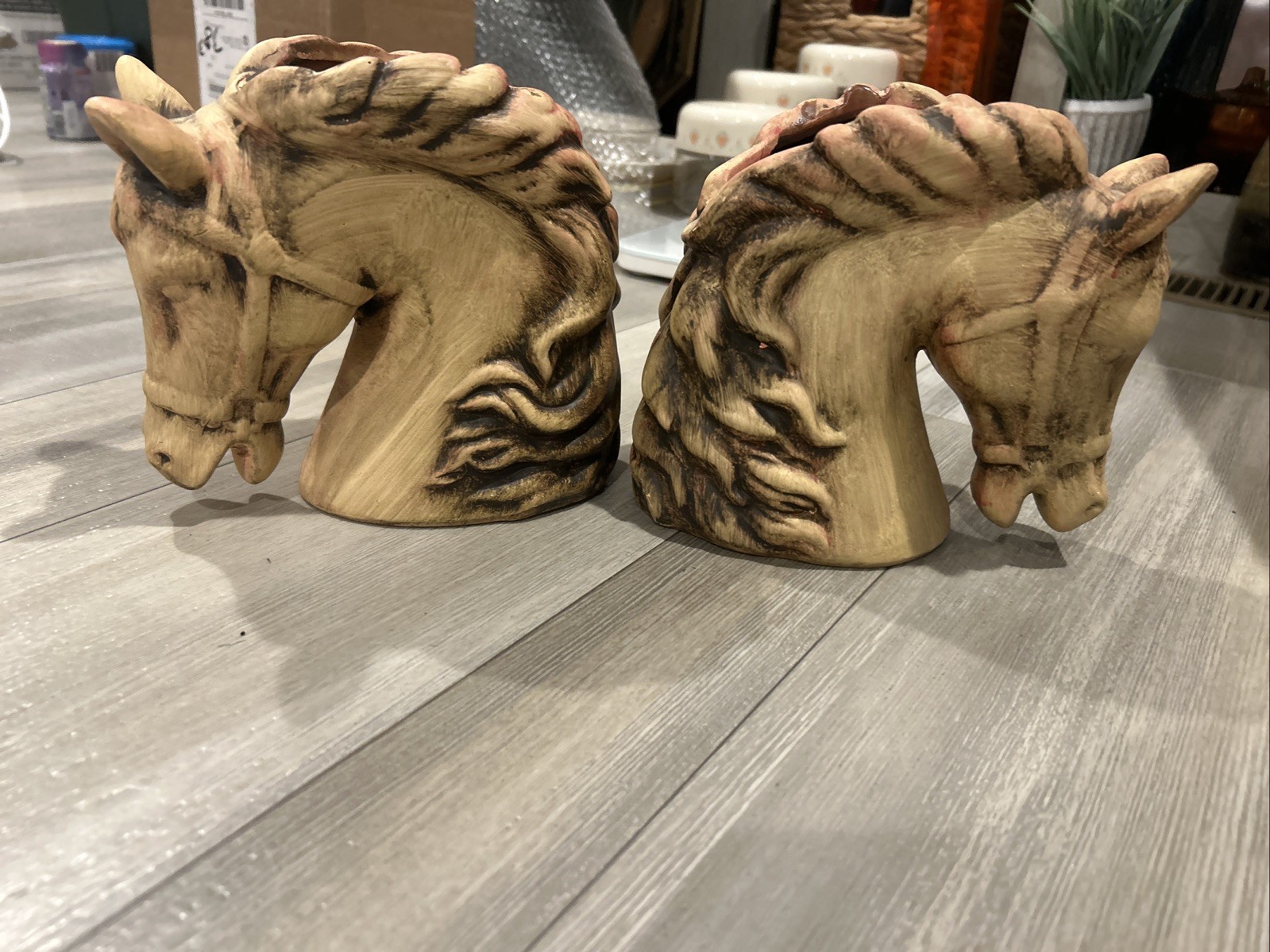 Vintage pair of rustic, carved-style horse head planter vases